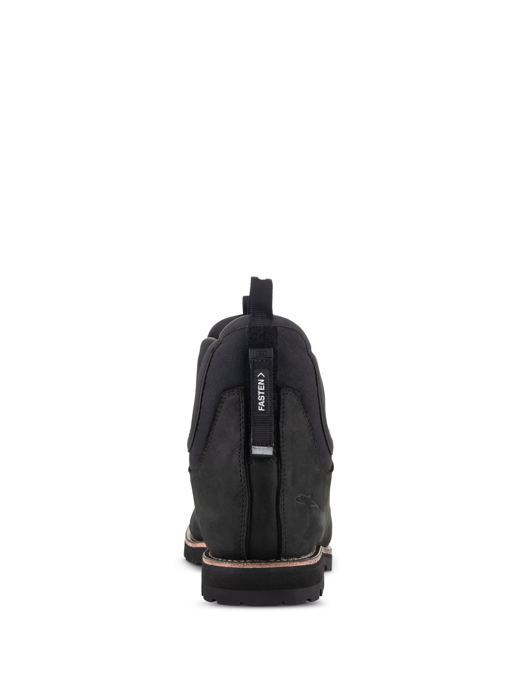 Scarpe Alpinestars Turnstone, stivali da moto in pelle nera, vista posteriore con linguetta regolabile 'FASTEN', struttura in pelle bovina, silhouette classica Chelsea con suola robusta