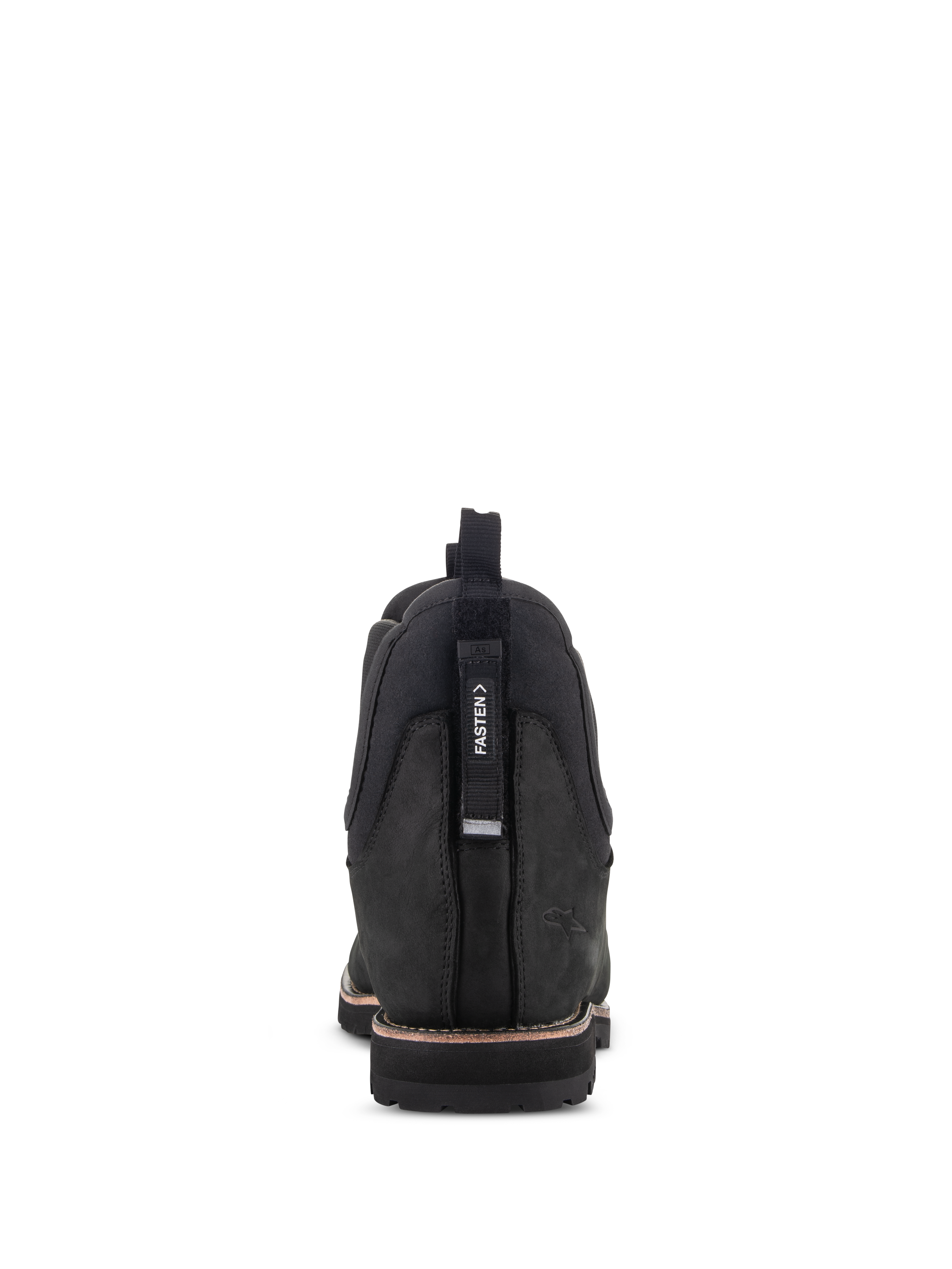 Scarpe Alpinestars Turnstone, stivali da moto in pelle nera, vista posteriore con linguetta regolabile 'FASTEN', struttura in pelle bovina, silhouette classica Chelsea con suola robusta