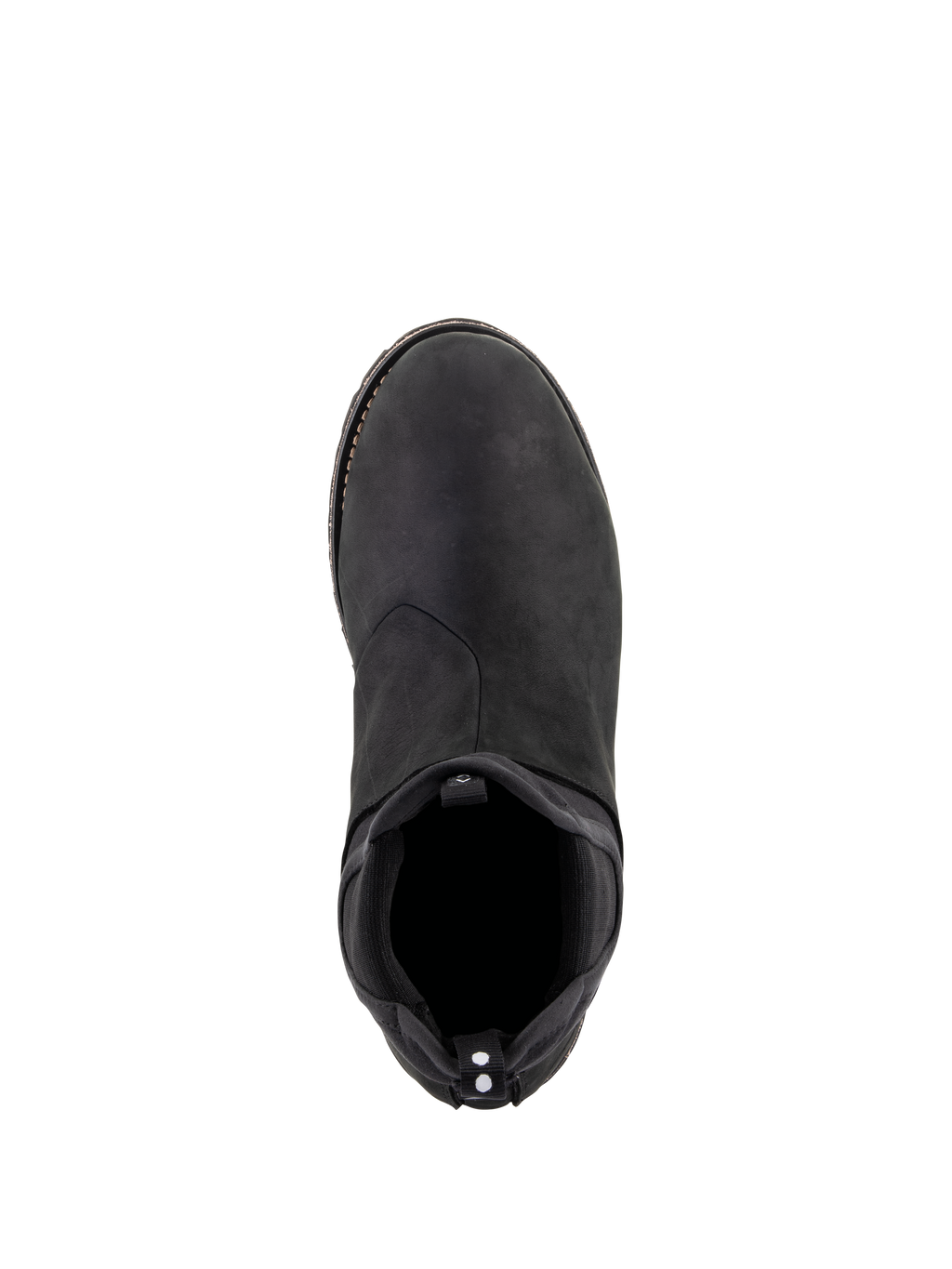 Alpinestars Turnstone Shoes, Nero, vista dall'alto di una scarpa da moto urbana in pelle bovina con ingresso elasticizzato in stile Chelsea e linguetta posteriore con punti bianchi, calzatura protettiva minimalista per uso stradale.