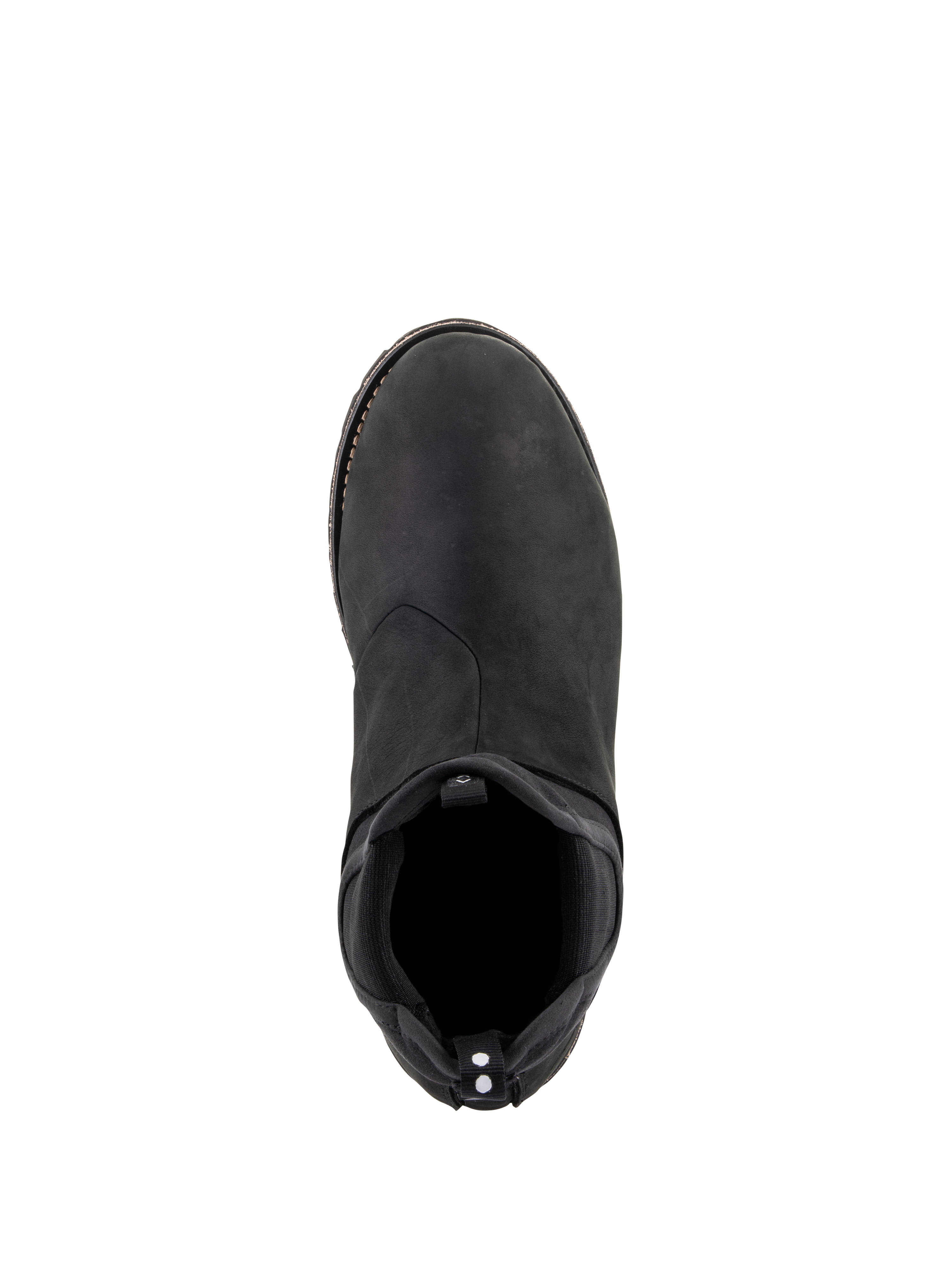 Alpinestars Turnstone Shoes, Nero, vista dall'alto di una scarpa da moto urbana in pelle bovina con ingresso elasticizzato in stile Chelsea e linguetta posteriore con punti bianchi, calzatura protettiva minimalista per uso stradale.