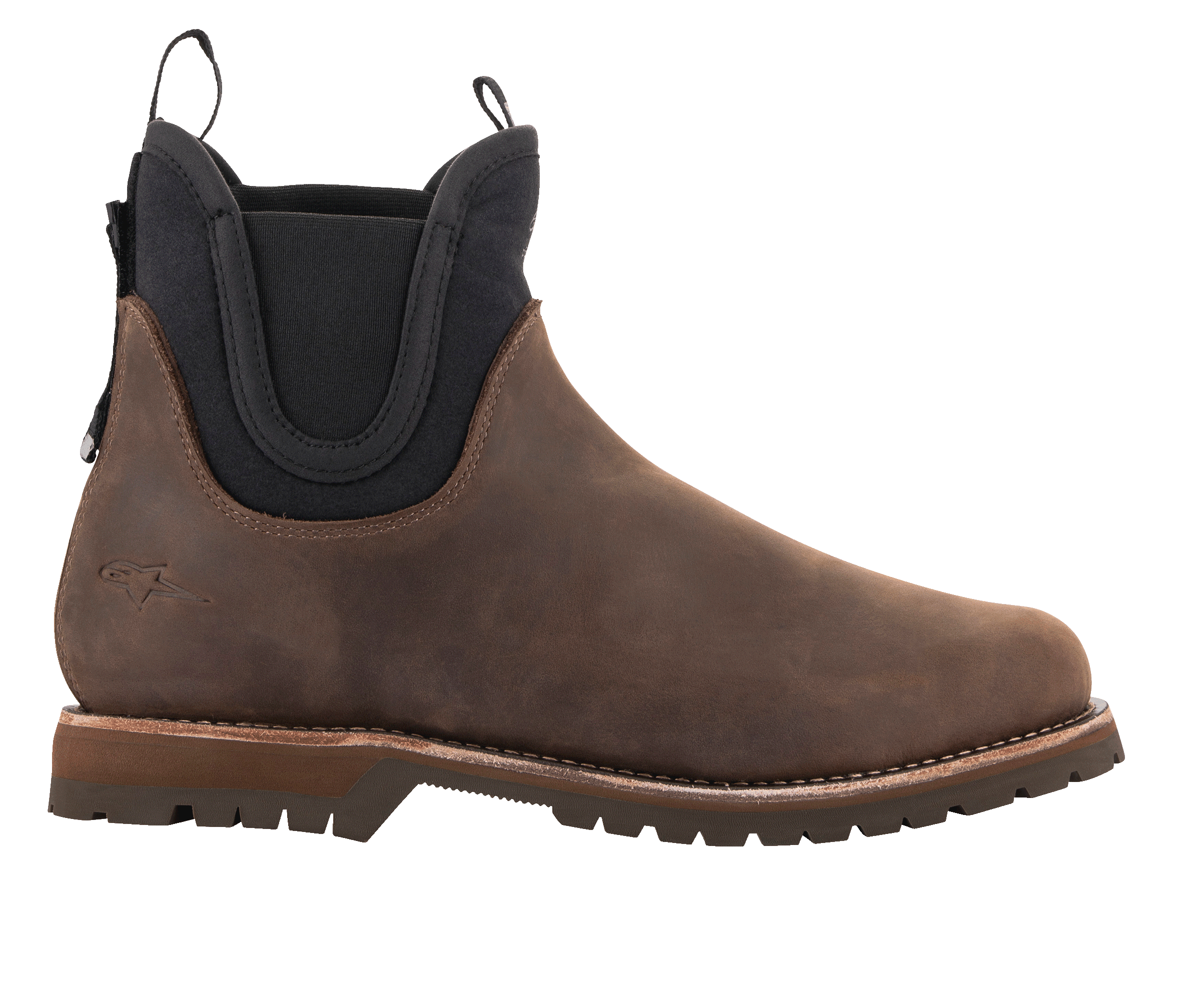 Alpinestars Turnstone Shoes, stivali Chelsea in pelle marrone cioccolato, calzature da moto urban, pannelli laterali elastici neri, suola robusta con battistrada, silhouette classica