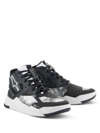 Scarpe Alpinestars Speedflight, scarpe da moto, nero, grigio e bianco, con motivo marmorizzato, design da sneaker alta con pannelli rinforzati, logo Alpinestars bianco e suola in gomma resistente
