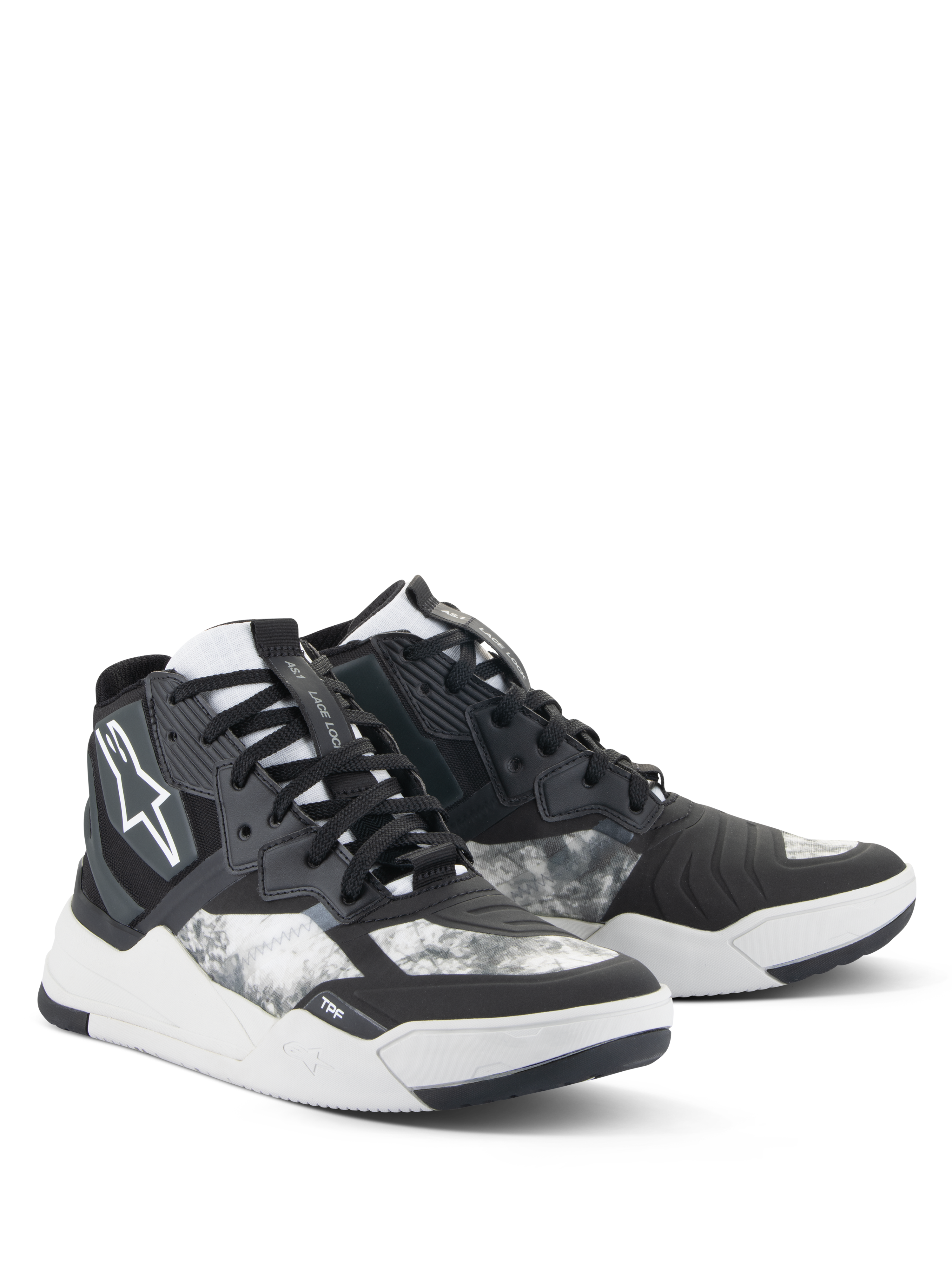 Scarpe Alpinestars Speedflight, scarpe da moto, nero, grigio e bianco, con motivo marmorizzato, design da sneaker alta con pannelli rinforzati, logo Alpinestars bianco e suola in gomma resistente