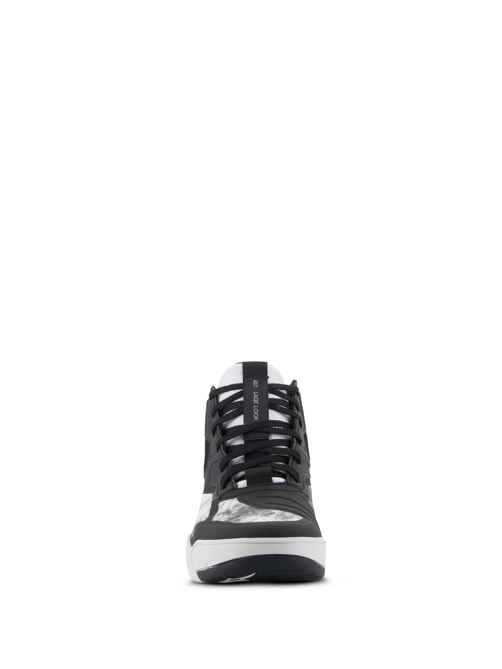 Scarpe Alpinestars Speedflight, scarpe da moto, nero, grigio e bianco, vista frontale con lacci neri, cinturino AS1 Lace Lock sulla linguetta e protezione cambio integrata, calzature tecniche stile street.