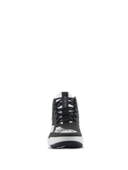 Scarpe Alpinestars Speedflight, scarpe da moto, nero, grigio e bianco, vista frontale con lacci neri, cinturino AS1 Lace Lock sulla linguetta e protezione cambio integrata, calzature tecniche stile street.