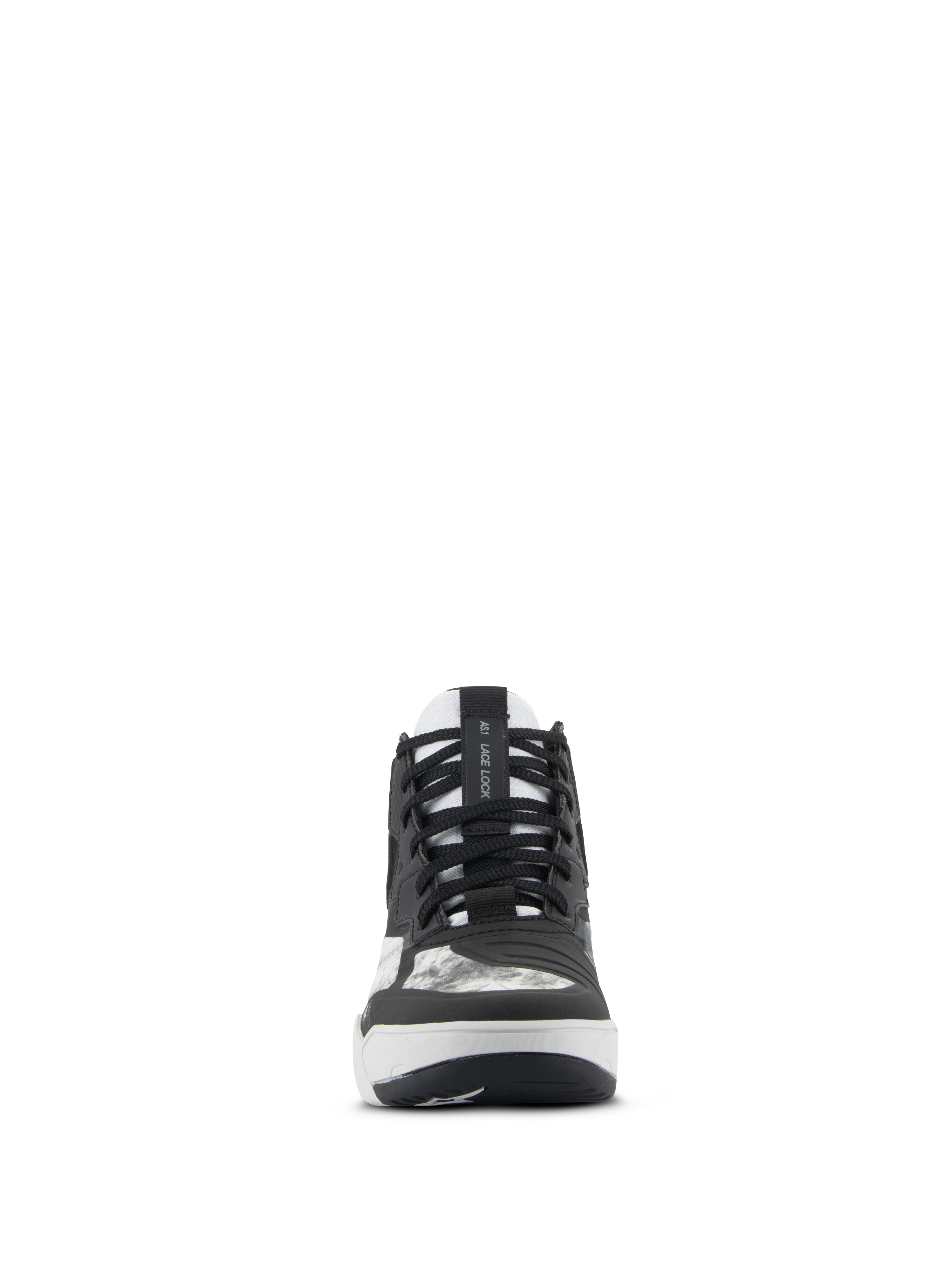 Scarpe Alpinestars Speedflight, scarpe da moto, nero, grigio e bianco, vista frontale con lacci neri, cinturino AS1 Lace Lock sulla linguetta e protezione cambio integrata, calzature tecniche stile street.