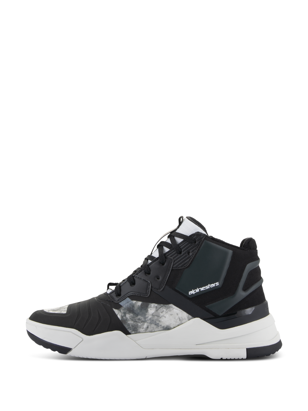 Scarpe Alpinestars Speedflight, scarpe da moto, nero, grigio e bianco, vista laterale con tomaia in tessuto ripstop e pannelli grigi a fantasia, tallone rinforzato nero e spessa intersuola bianca con logo del brand, design sportivo urbano