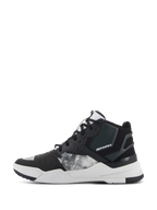 Scarpe Alpinestars Speedflight, scarpe da moto, nero, grigio e bianco, vista laterale con tomaia in tessuto ripstop e pannelli grigi a fantasia, tallone rinforzato nero e spessa intersuola bianca con logo del brand, design sportivo urbano