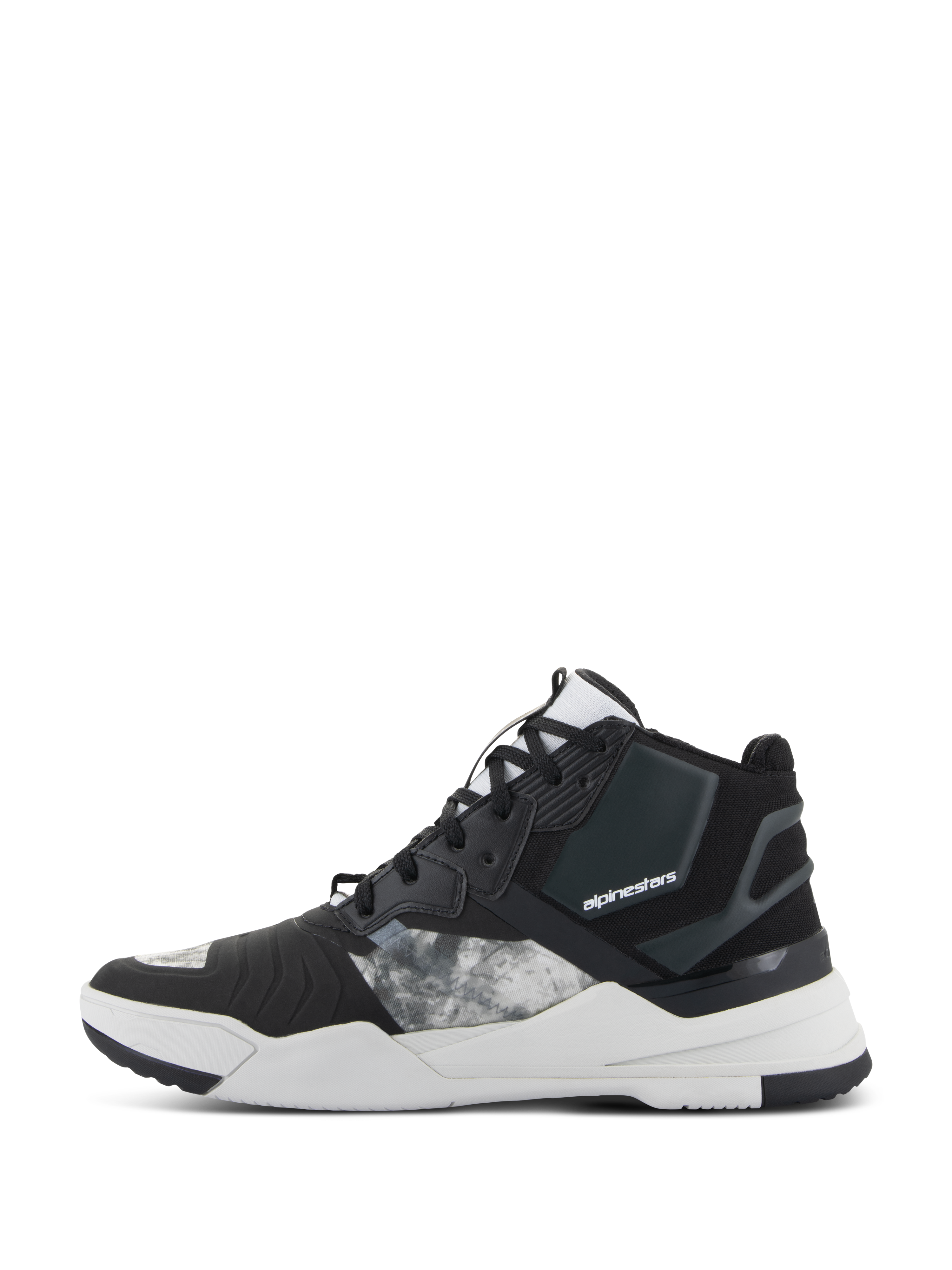 Scarpe Alpinestars Speedflight, scarpe da moto, nero, grigio e bianco, vista laterale con tomaia in tessuto ripstop e pannelli grigi a fantasia, tallone rinforzato nero e spessa intersuola bianca con logo del brand, design sportivo urbano