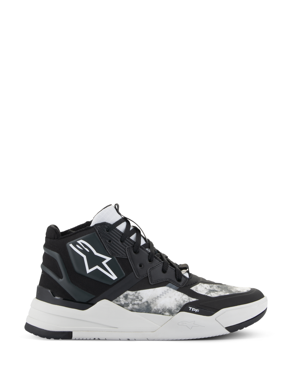 Alpinestars Speedflight Shoes, scarpe da moto alte, nero, grigio e bianco, con logo a stella bianco, pannelli laterali con motivo ripstop testurizzato e suola bianca spessa con design geometrico e marchio TPF