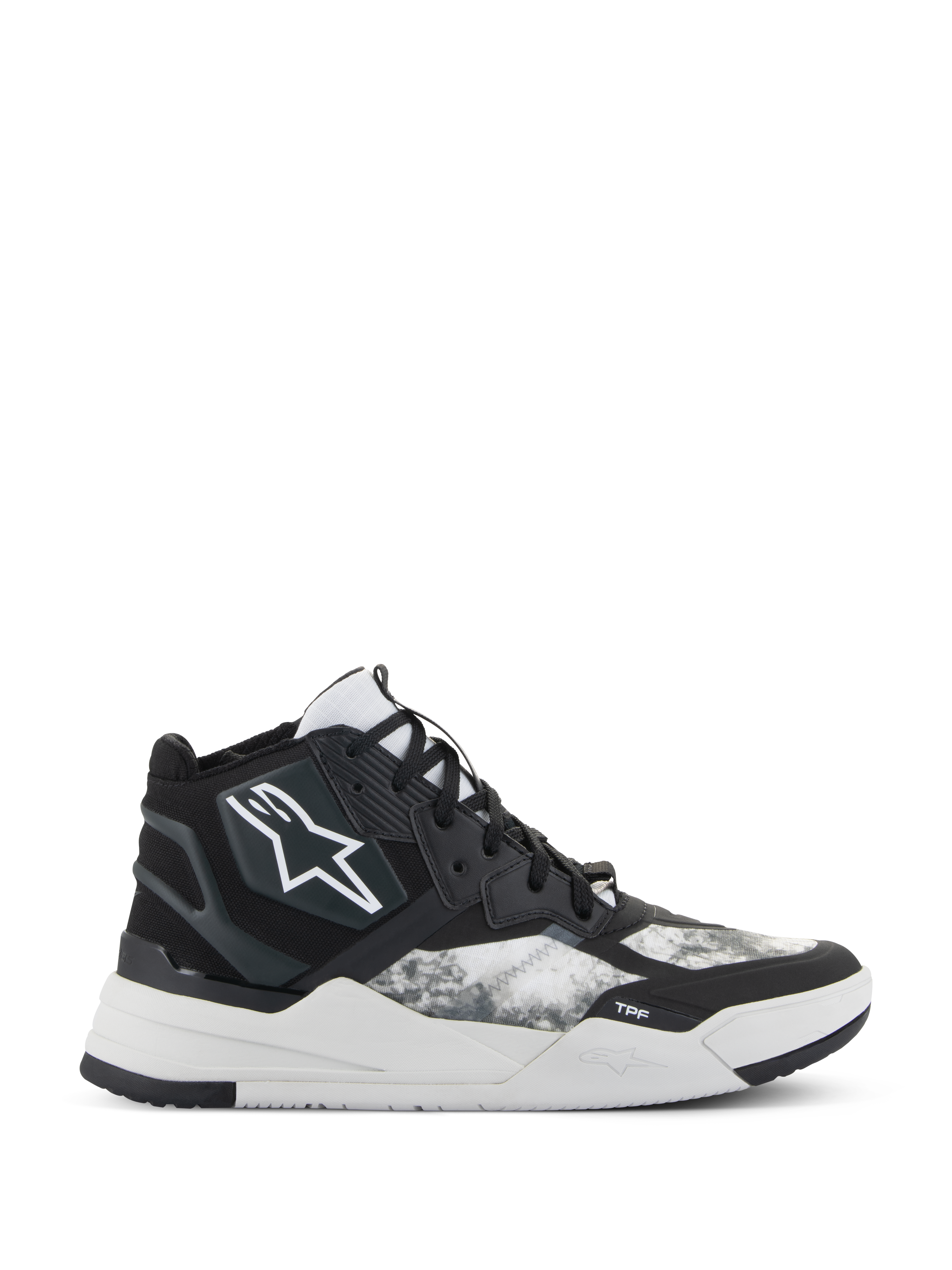 Alpinestars Speedflight Shoes, scarpe da moto alte, nero, grigio e bianco, con logo a stella bianco, pannelli laterali con motivo ripstop testurizzato e suola bianca spessa con design geometrico e marchio TPF