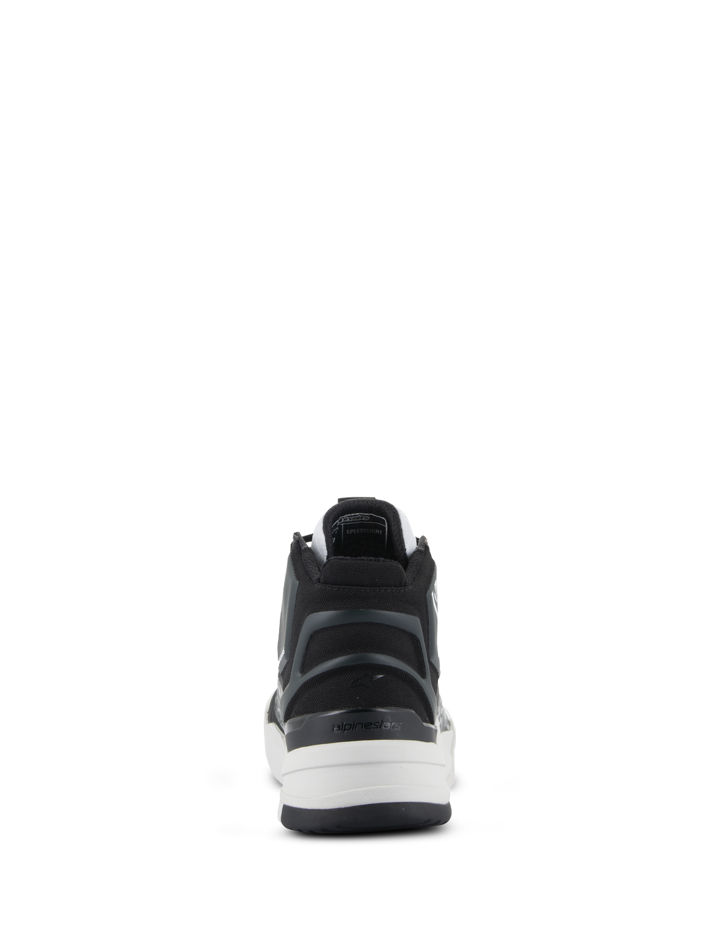Alpinestars Scarpe Speedflight, scarpe da moto tecniche, nero, grigio e bianco, vista posteriore che mette in risalto il contrafforte asimmetrico in TPU sul tallone con logo, intersuola bianca e design sportivo urbano