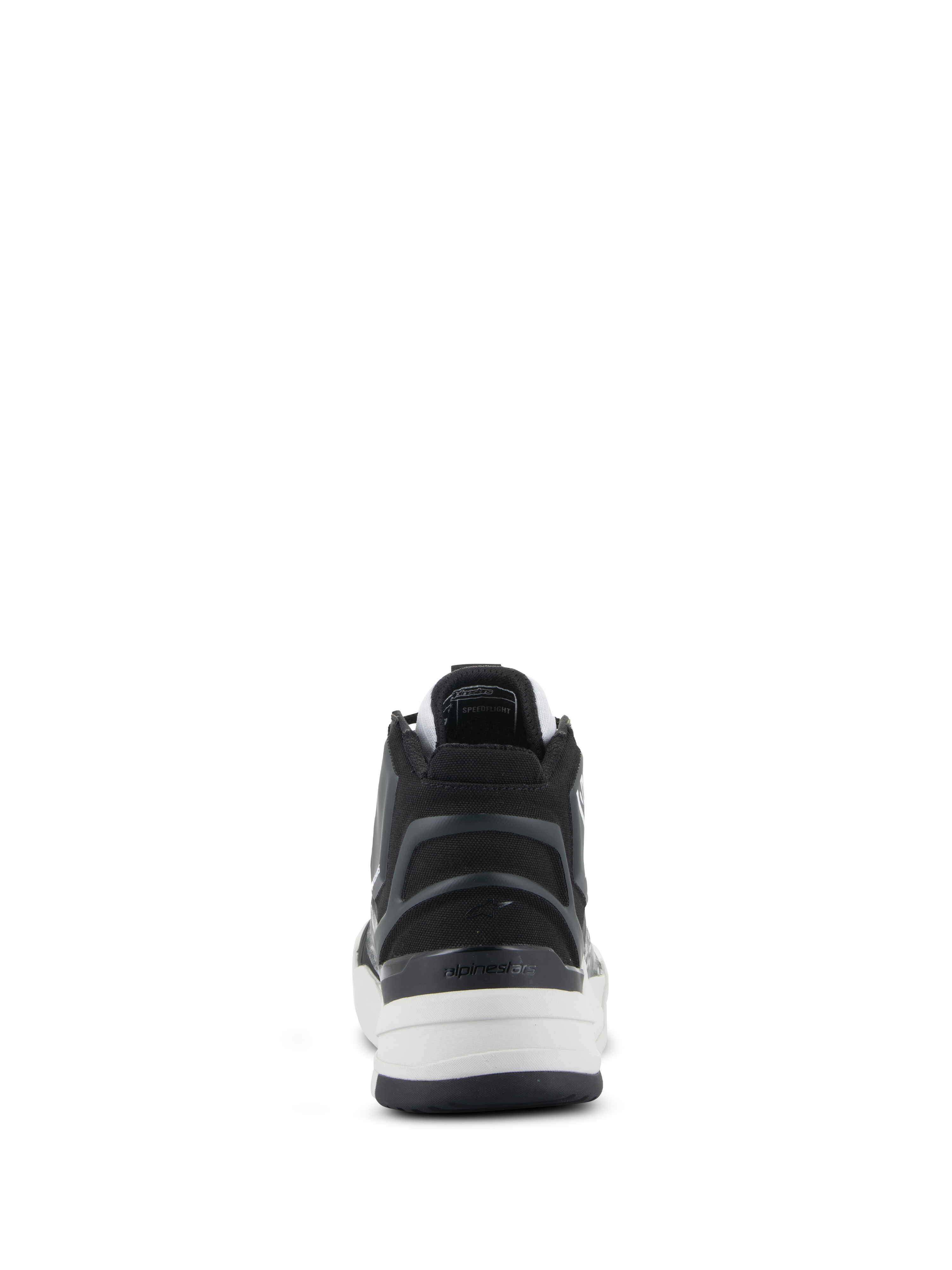 Alpinestars Scarpe Speedflight, scarpe da moto tecniche, nero, grigio e bianco, vista posteriore che mette in risalto il contrafforte asimmetrico in TPU sul tallone con logo, intersuola bianca e design sportivo urbano