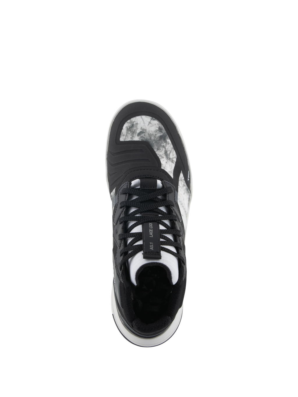 Scarpe Alpinestars Speedflight, Nero Grigio Bianco, vista dall'alto che mostra la tomaia in ripstop marmorizzato, il sistema di bloccaggio dei lacci sulla linguetta e la protezione cambio integrata, scarpa da moto in stile urban