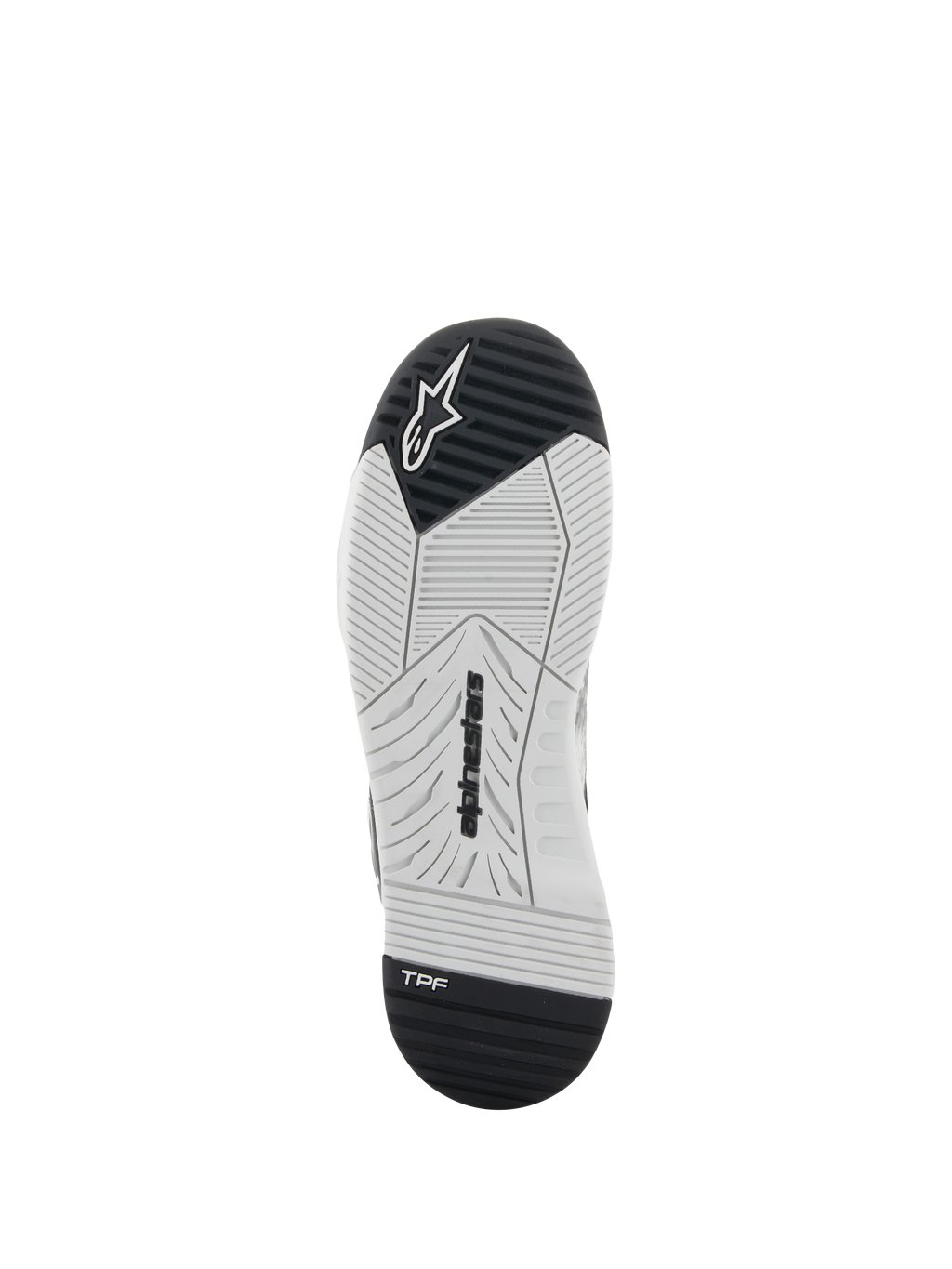 Scarpe Alpinestars Speedflight, scarpe da moto, nero e bianco, vista della suola con gomma a doppia densità, marchio Alpinestars e logo TPF Transversal Protection Frame, battistrada ingegnerizzato per l'aderenza
