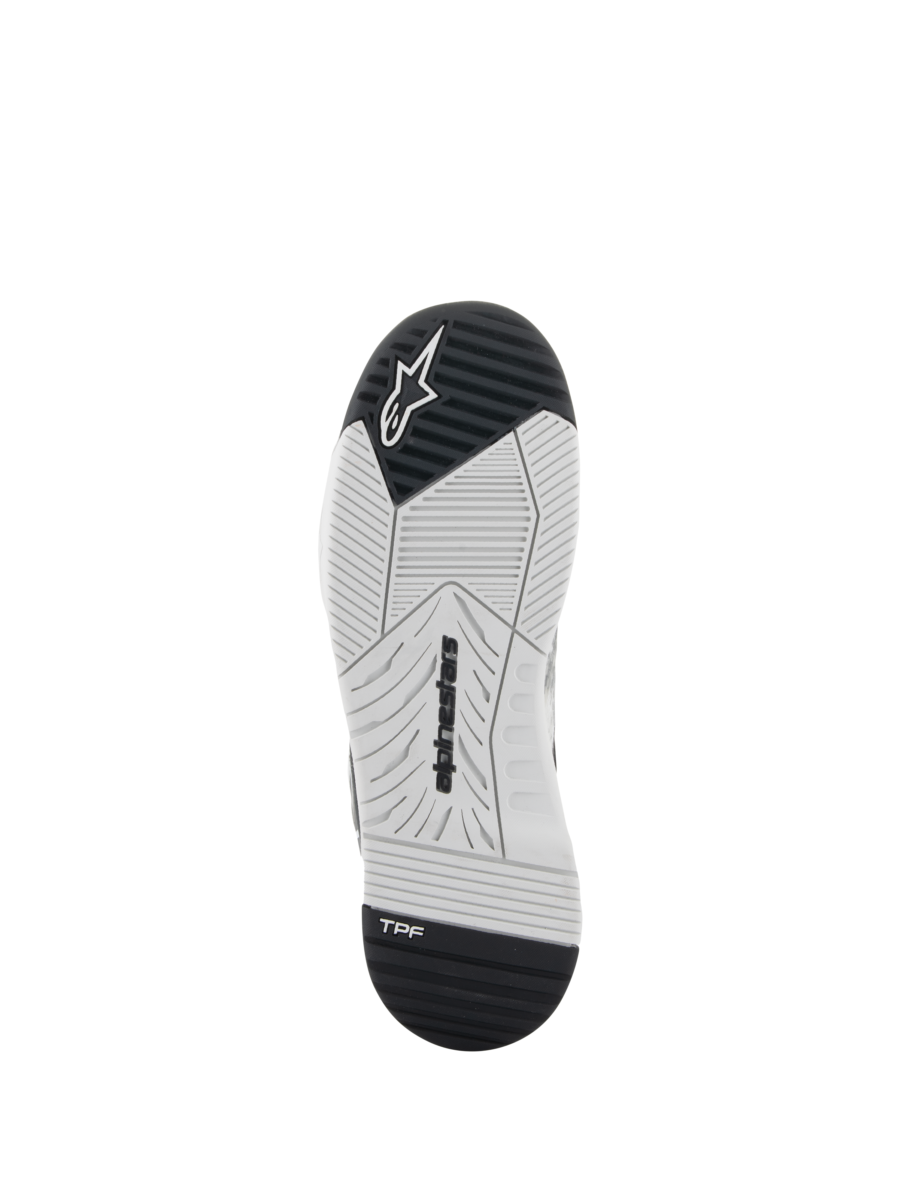 Scarpe Alpinestars Speedflight, scarpe da moto, nero e bianco, vista della suola con gomma a doppia densità, marchio Alpinestars e logo TPF Transversal Protection Frame, battistrada ingegnerizzato per l'aderenza