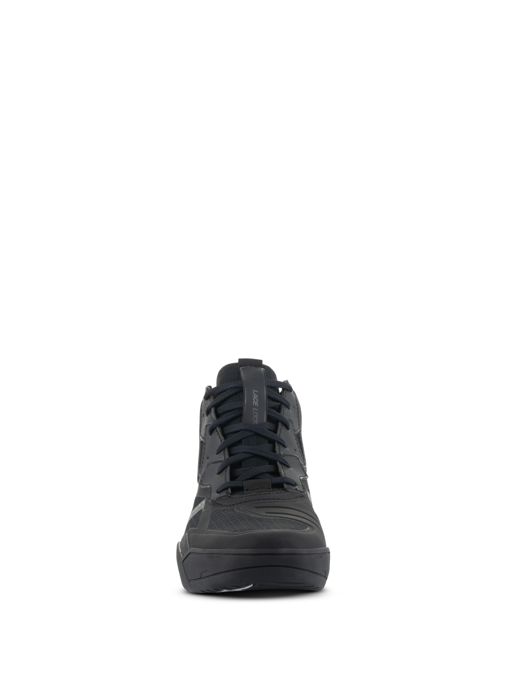 Scarpe Alpinestars Speedflight, scarpe da moto tecniche, Nero Nero, vista frontale, tomaia in ripstop ad alte prestazioni con rinforzi senza cuciture, design tipo sneaker con sistema di bloccaggio dei lacci per il motociclismo urbano
