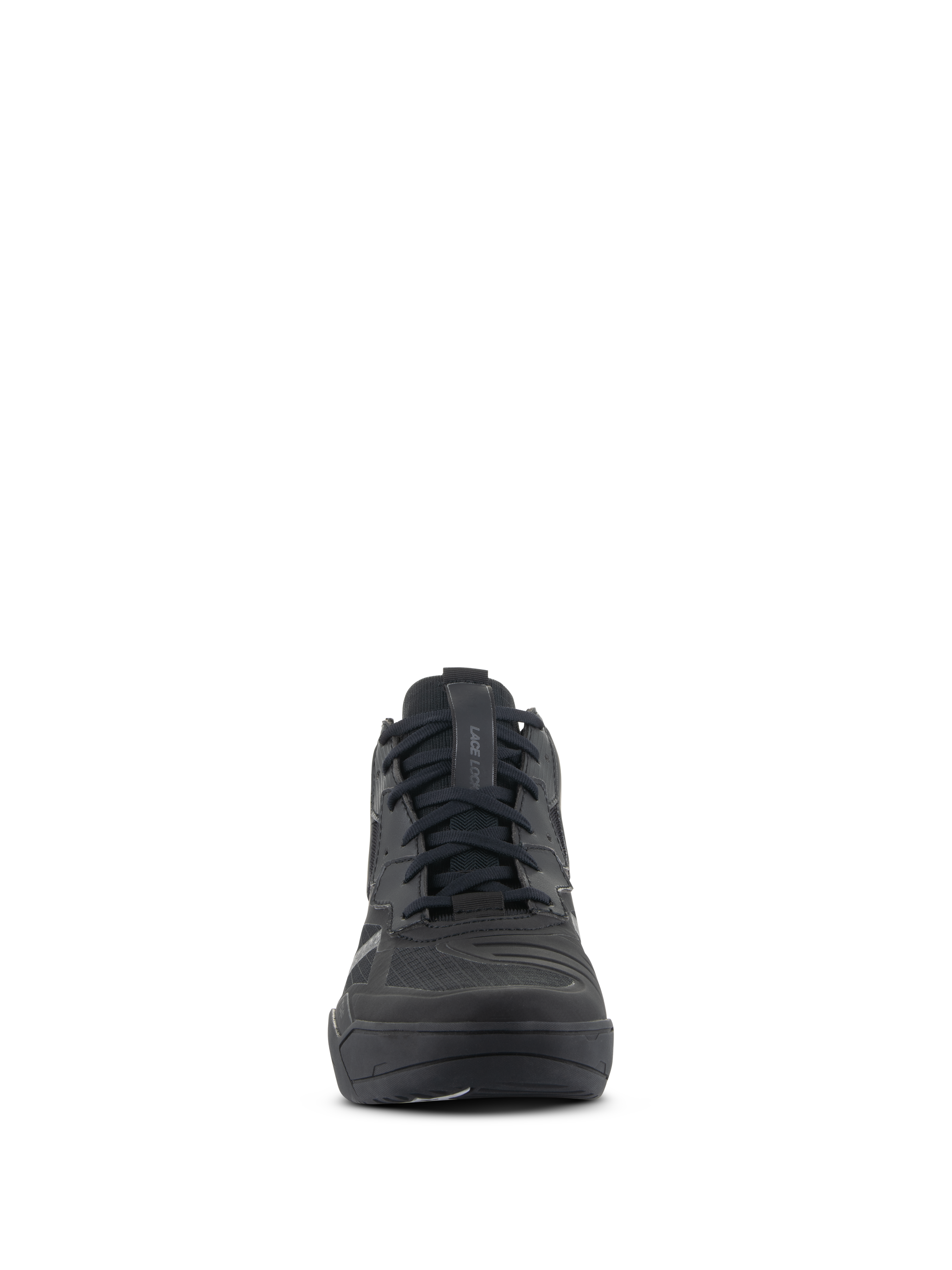 Scarpe Alpinestars Speedflight, scarpe da moto tecniche, Nero Nero, vista frontale, tomaia in ripstop ad alte prestazioni con rinforzi senza cuciture, design tipo sneaker con sistema di bloccaggio dei lacci per il motociclismo urbano