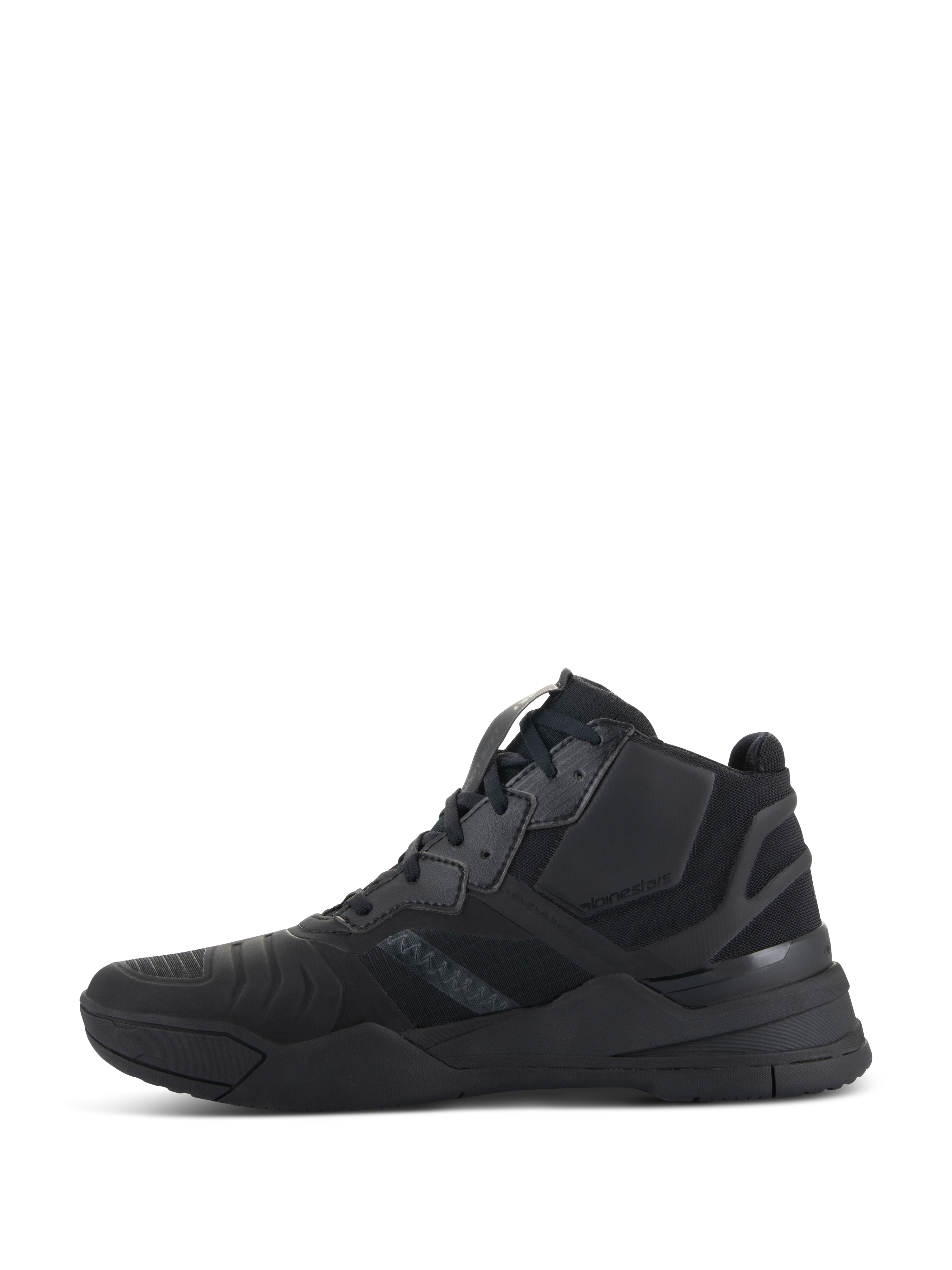 Scarpe Alpinestars Speedflight, Nero Nero, profilo laterale di scarpe da moto performanti, design ispirato alle sneaker mid-top con tomaia in ripstop e pannelli di rinforzo senza cuciture, silhouette sportiva resistente completamente nera