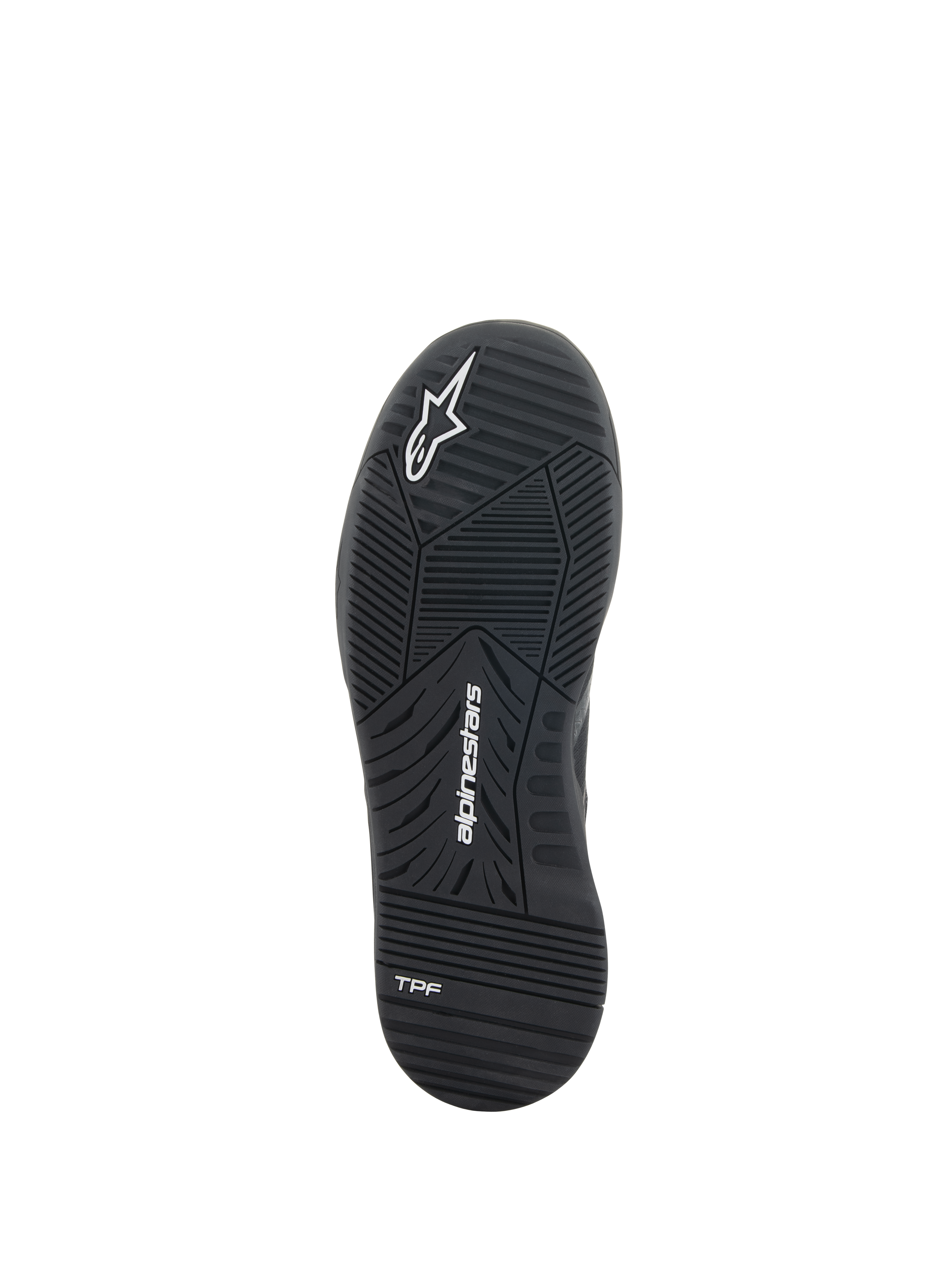 Scarpe Alpinestars Speedflight, scarpe da moto, nero, vista inferiore della suola in gomma a doppia densità con logo Alpinestars e marchio TPF, battistrada ingegnerizzato per prestazioni urbane