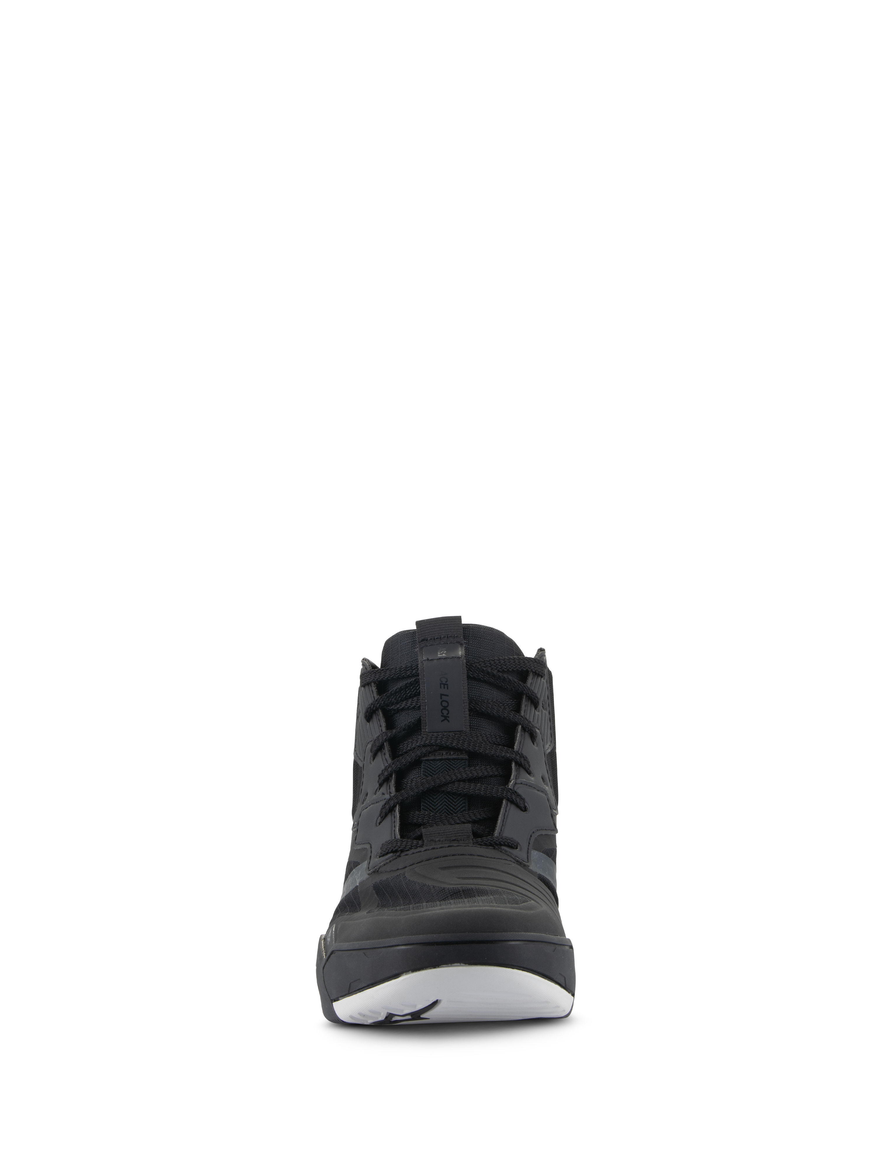 Scarpe Alpinestars Speedflight, scarpe da moto tecniche, nero e bianco, vista frontale, calzature da motociclismo in stile sneaker con tomaia in ripstop e lacci neri
