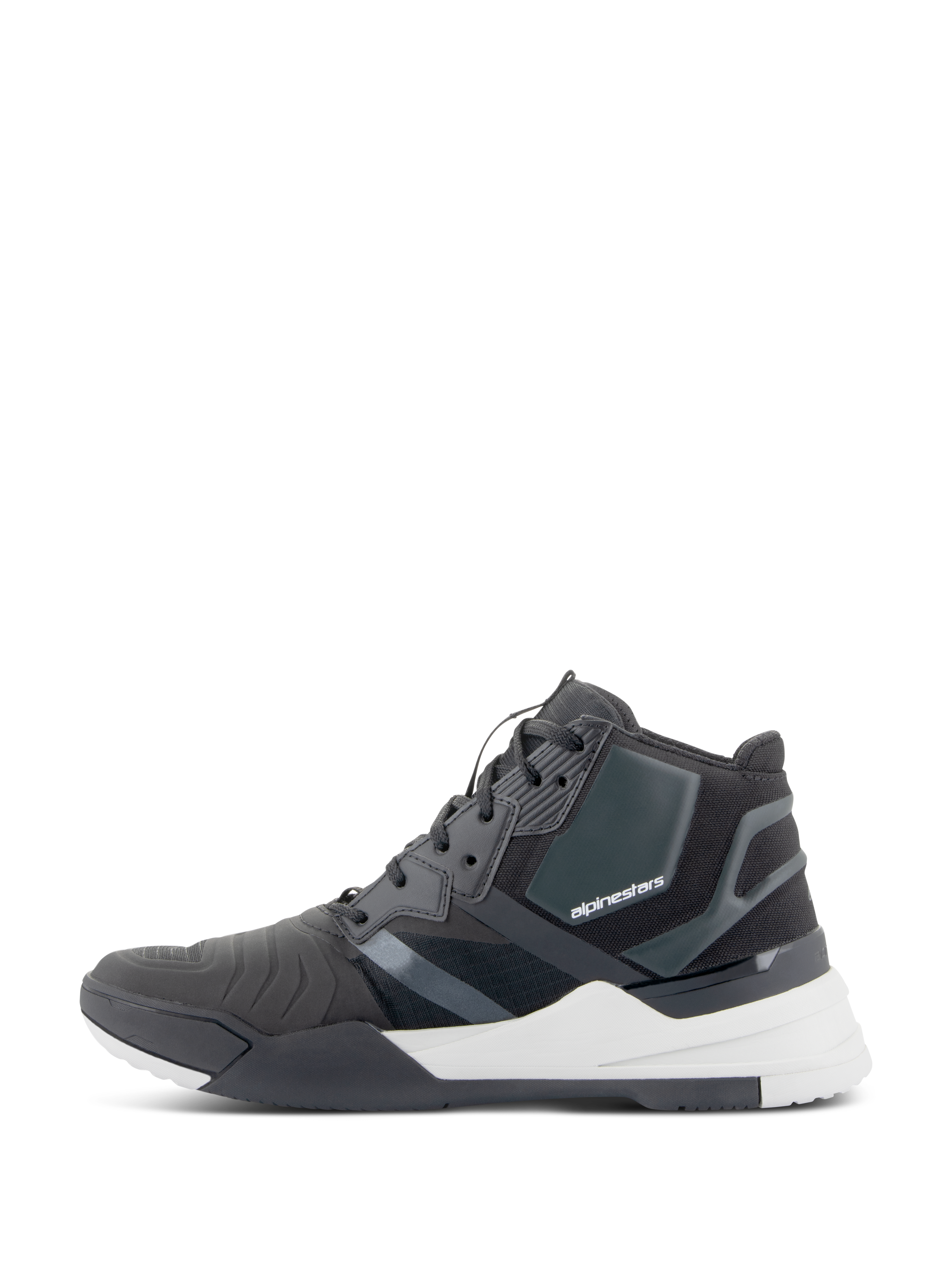 Scarpe Alpinestars Speedflight, scarpe da moto performanti, nero e bianco, vista di profilo con tomaia in ripstop e pannelli di rinforzo senza cuciture, logo Alpinestars sul lato e spessa intersuola bianca, calzature tecniche da moto urban