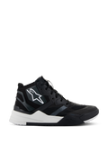 Scarpe Alpinestars Speedflight, scarpe da moto a profilo alto, nero e bianco, con tomaia in ripstop e rinforzi senza cuciture, logo a stella bianco sul lato, suola a doppia densità con intersuola bianca spessa e dettagli neri, design moderno ispirato alle sneaker per il motociclismo urbano