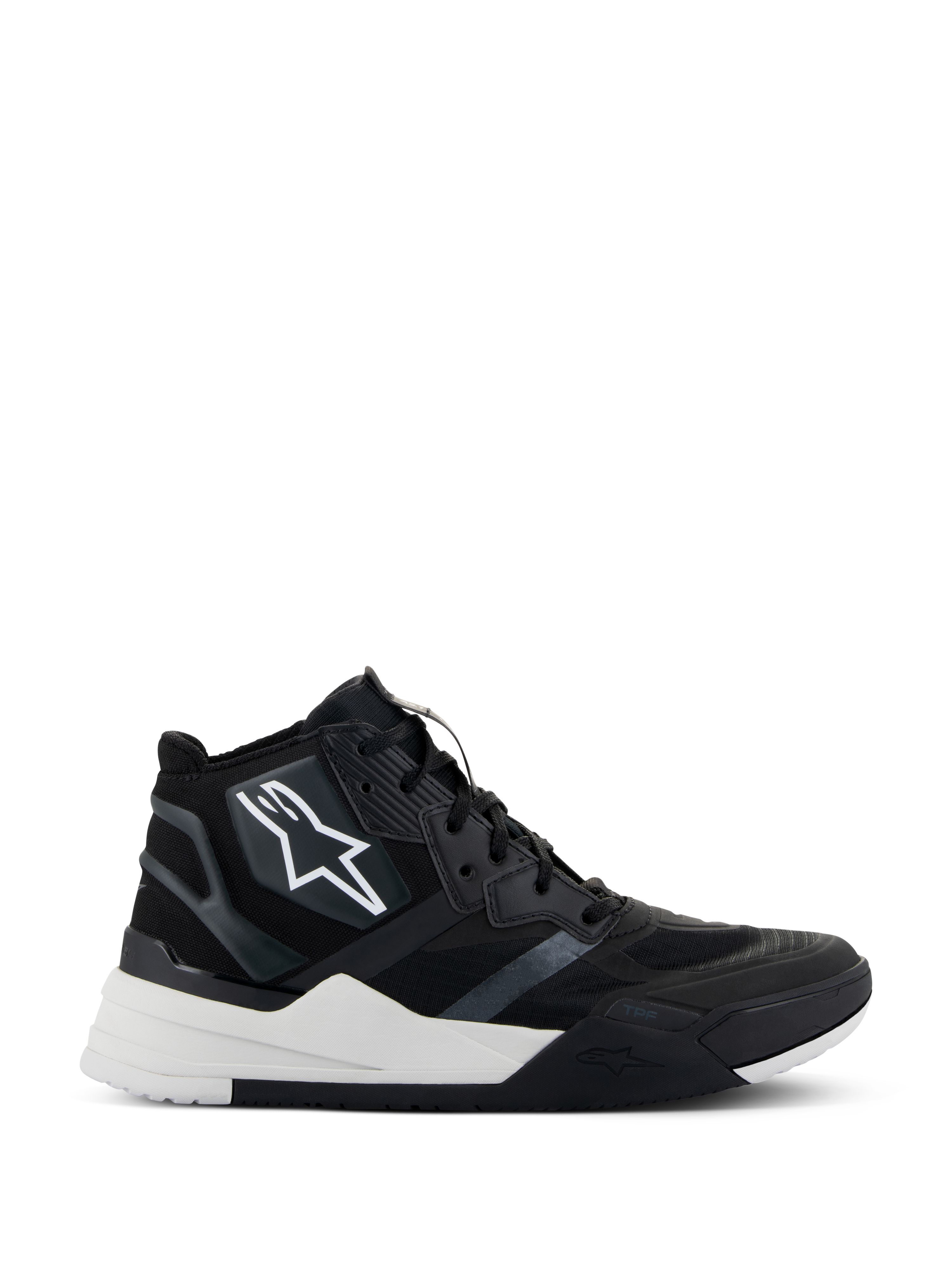 Scarpe Alpinestars Speedflight, scarpe da moto a profilo alto, nero e bianco, con tomaia in ripstop e rinforzi senza cuciture, logo a stella bianco sul lato, suola a doppia densità con intersuola bianca spessa e dettagli neri, design moderno ispirato alle sneaker per il motociclismo urbano