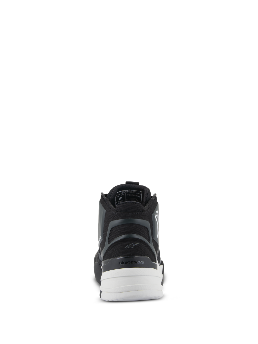 Scarpe Alpinestars Speedflight, nero e bianco, vista posteriore con tallone semirigido sagomato, contrafforte del tallone asimmetrico in TPU e suola bianca a doppia densità, calzature da moto urban ad alte prestazioni