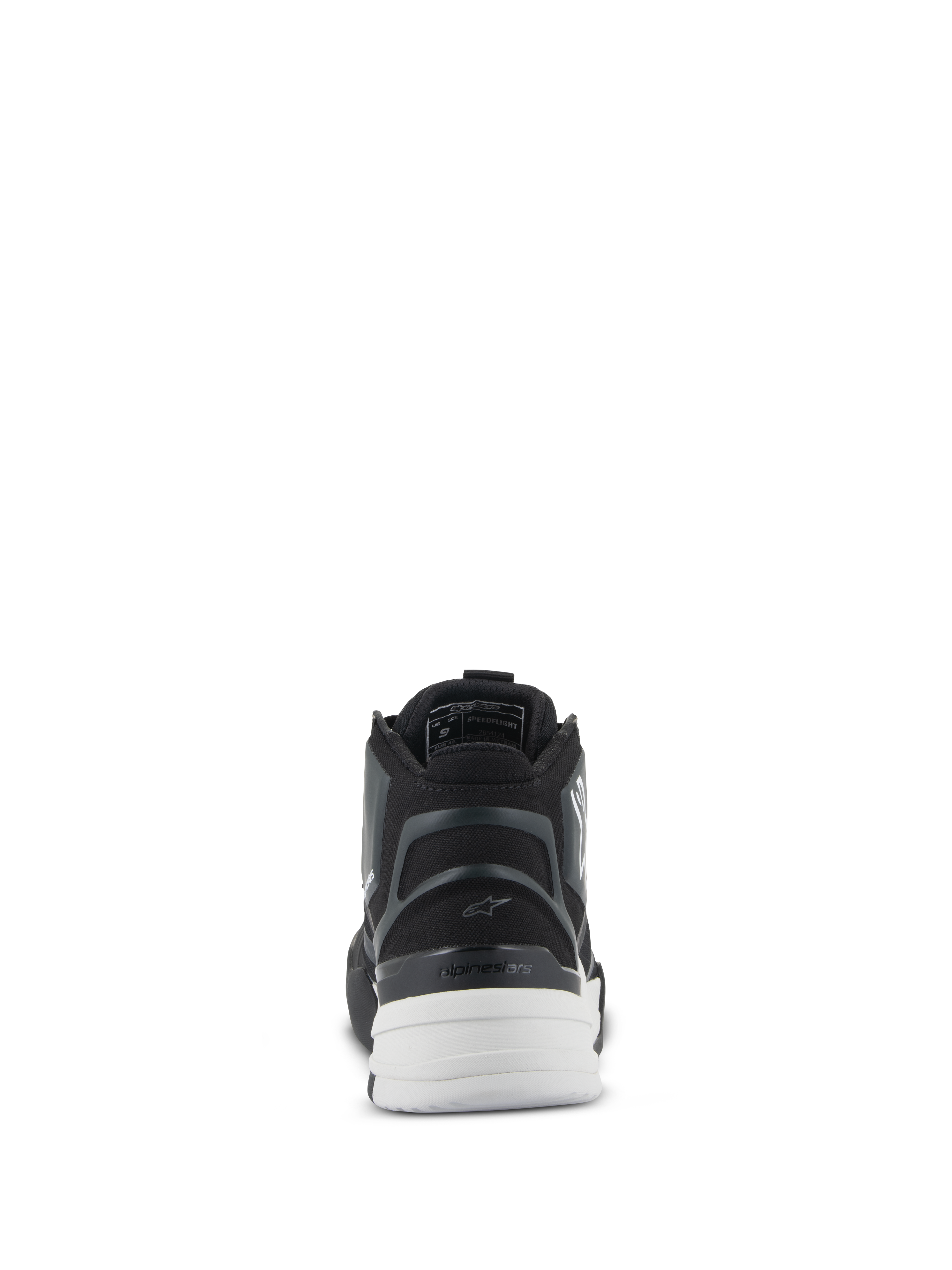 Scarpe Alpinestars Speedflight, nero e bianco, vista posteriore con tallone semirigido sagomato, contrafforte del tallone asimmetrico in TPU e suola bianca a doppia densità, calzature da moto urban ad alte prestazioni