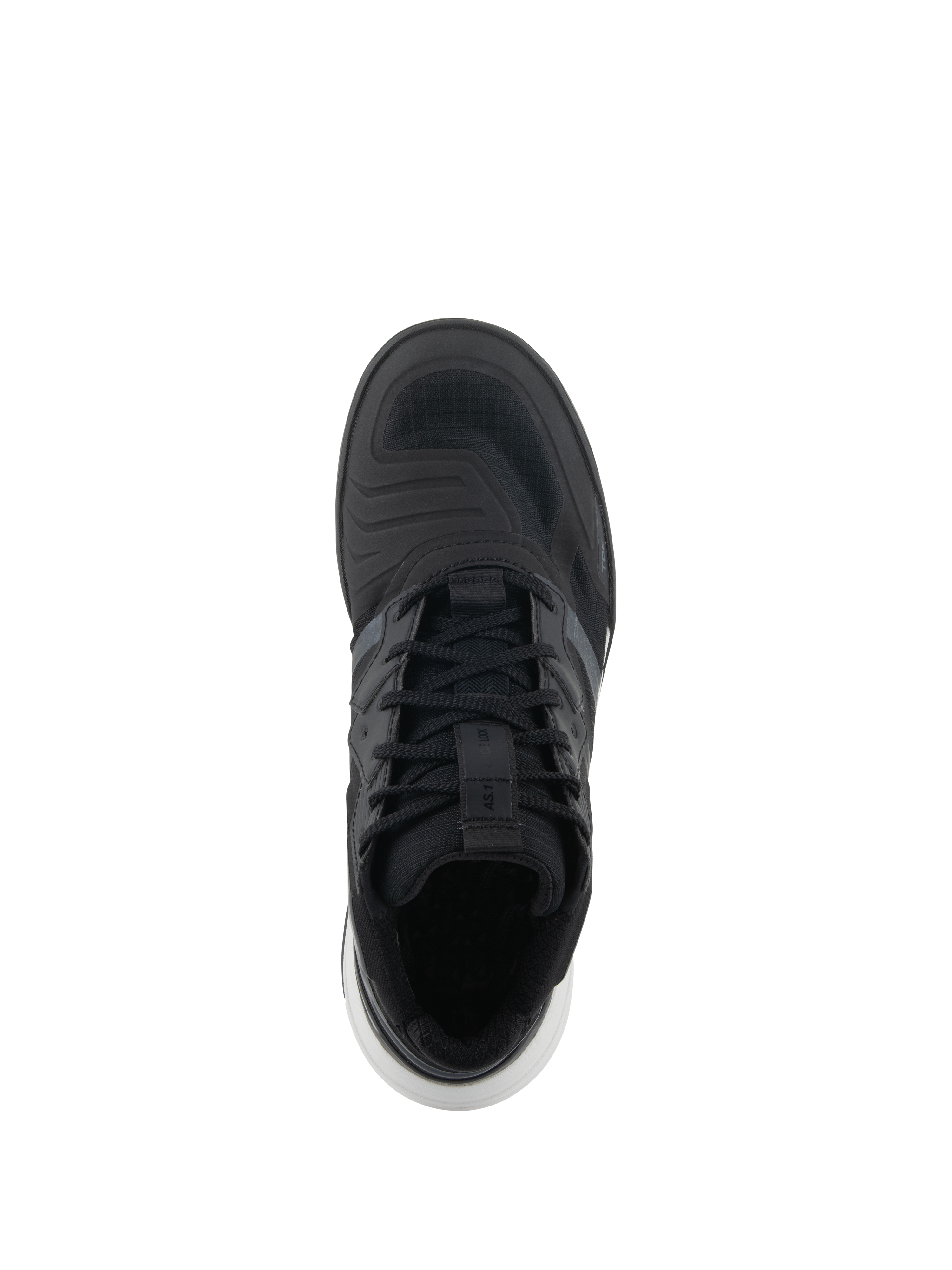 Scarpe Alpinestars Speedflight, scarpe da moto performance, nero e bianco, vista dall'alto che mostra la tomaia in ripstop, lacci con cinturino blocca-lacci e dettagli bianchi sulla suola, sneaker da moto in stile urban