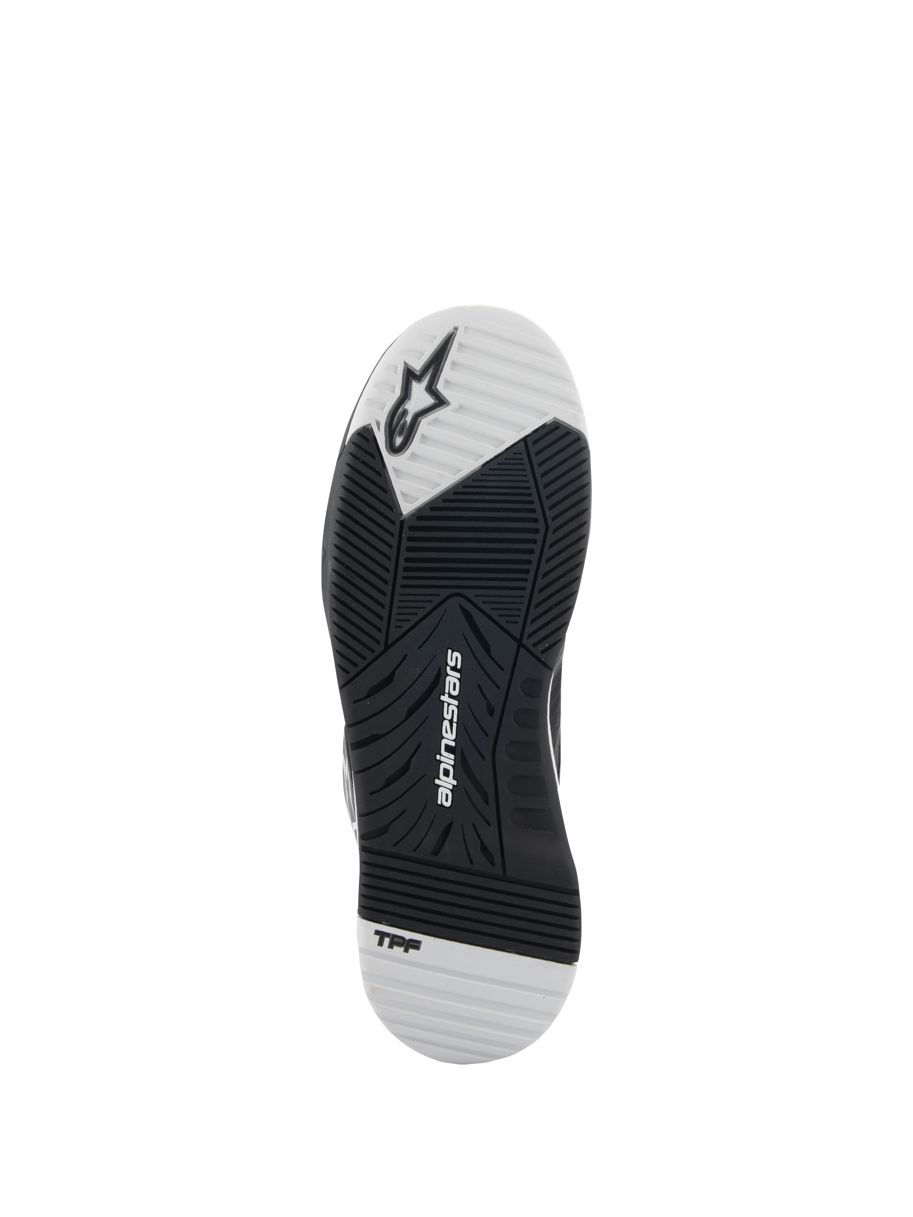Scarpe Alpinestars Speedflight, nero e bianco, vista della suola esterna in gomma a doppia densità, con logo Alpinestars e marchio TPF, battistrada asimmetrico per aderenza e stabilità nella guida della moto