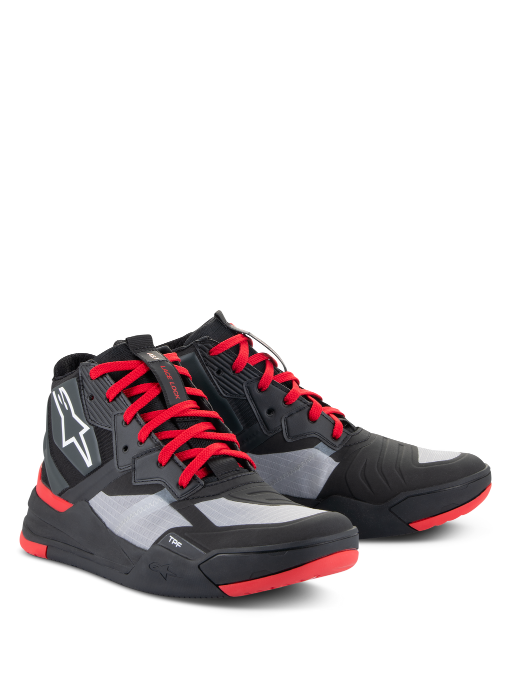 Alpinestars Speedflight Shoes, scarpe da moto tecniche, nero, rosso brillante e bianco, con tomaia in ripstop e pannelli grigi, lacci rossi e dettagli sulla suola, logo Astars bianco sul lato, design stile sneaker sportiva da moto