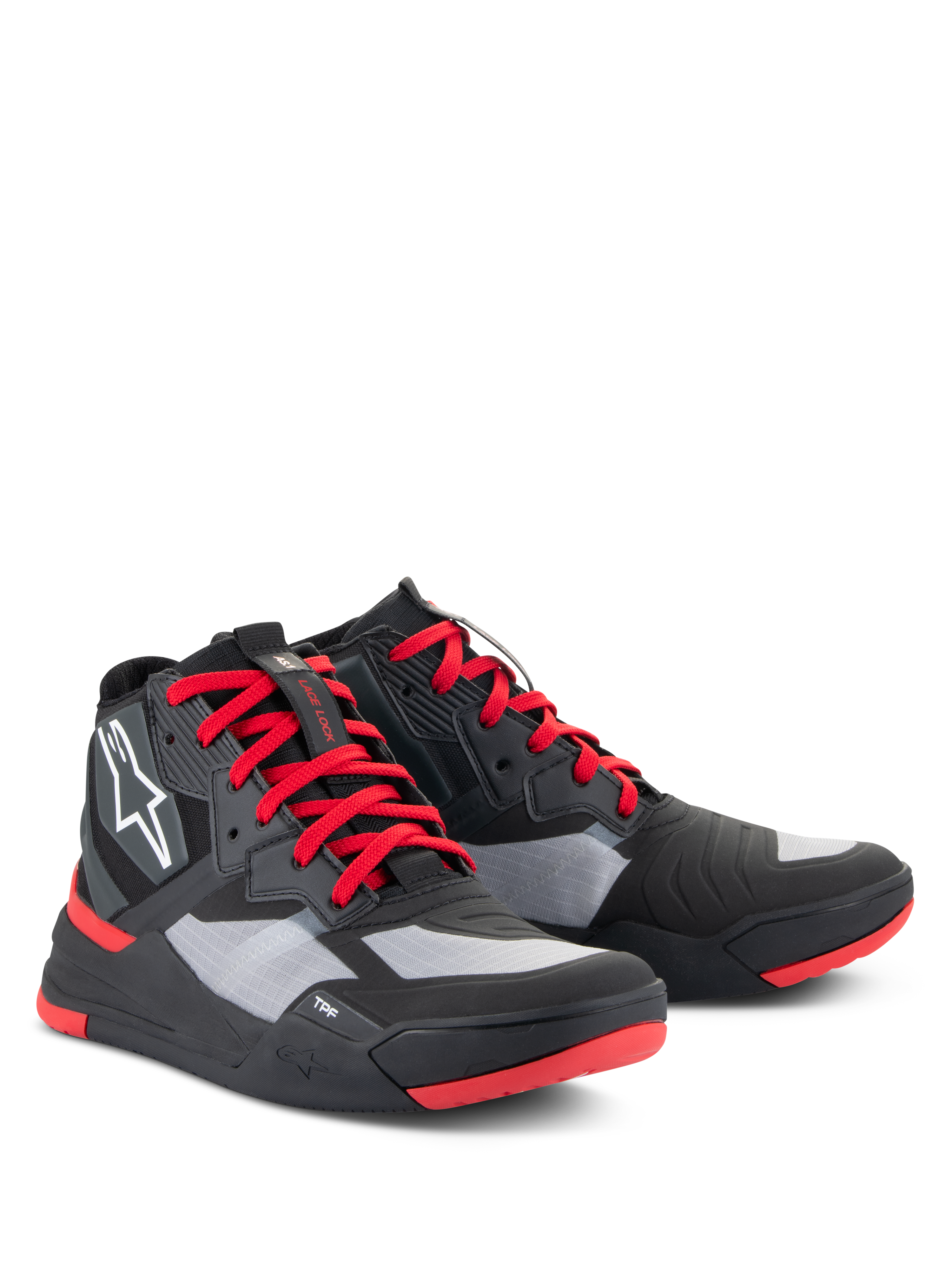 Alpinestars Speedflight Shoes, scarpe da moto tecniche, nero, rosso brillante e bianco, con tomaia in ripstop e pannelli grigi, lacci rossi e dettagli sulla suola, logo Astars bianco sul lato, design stile sneaker sportiva da moto