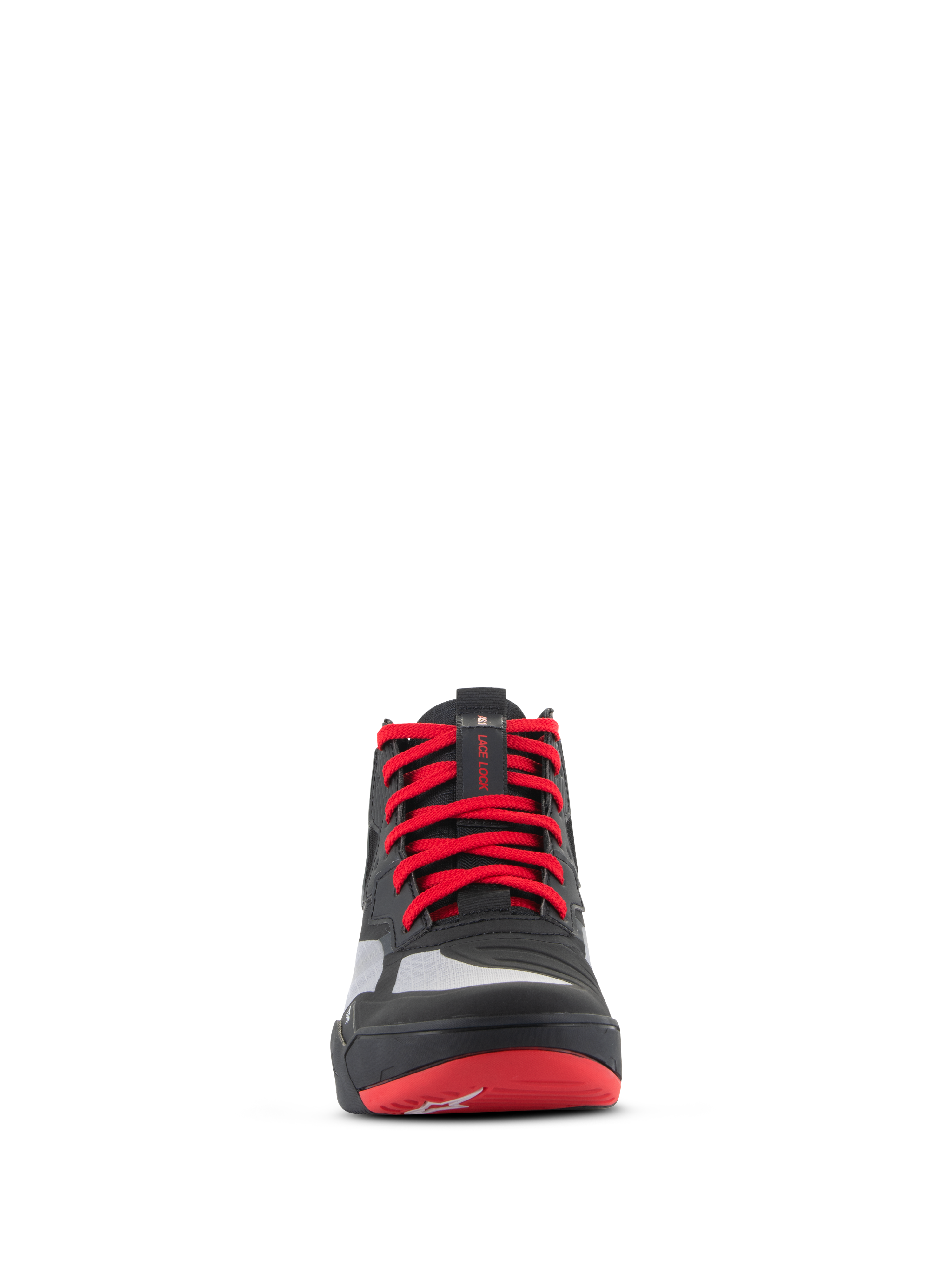 Alpinestars Speedflight Shoes, scarpe da moto performanti, nero, rosso acceso e bianco, vista frontale con vivaci lacci rossi, cinturino ferma-lacci sulla linguetta e pannelli di rinforzo senza cuciture per la guida urbana.