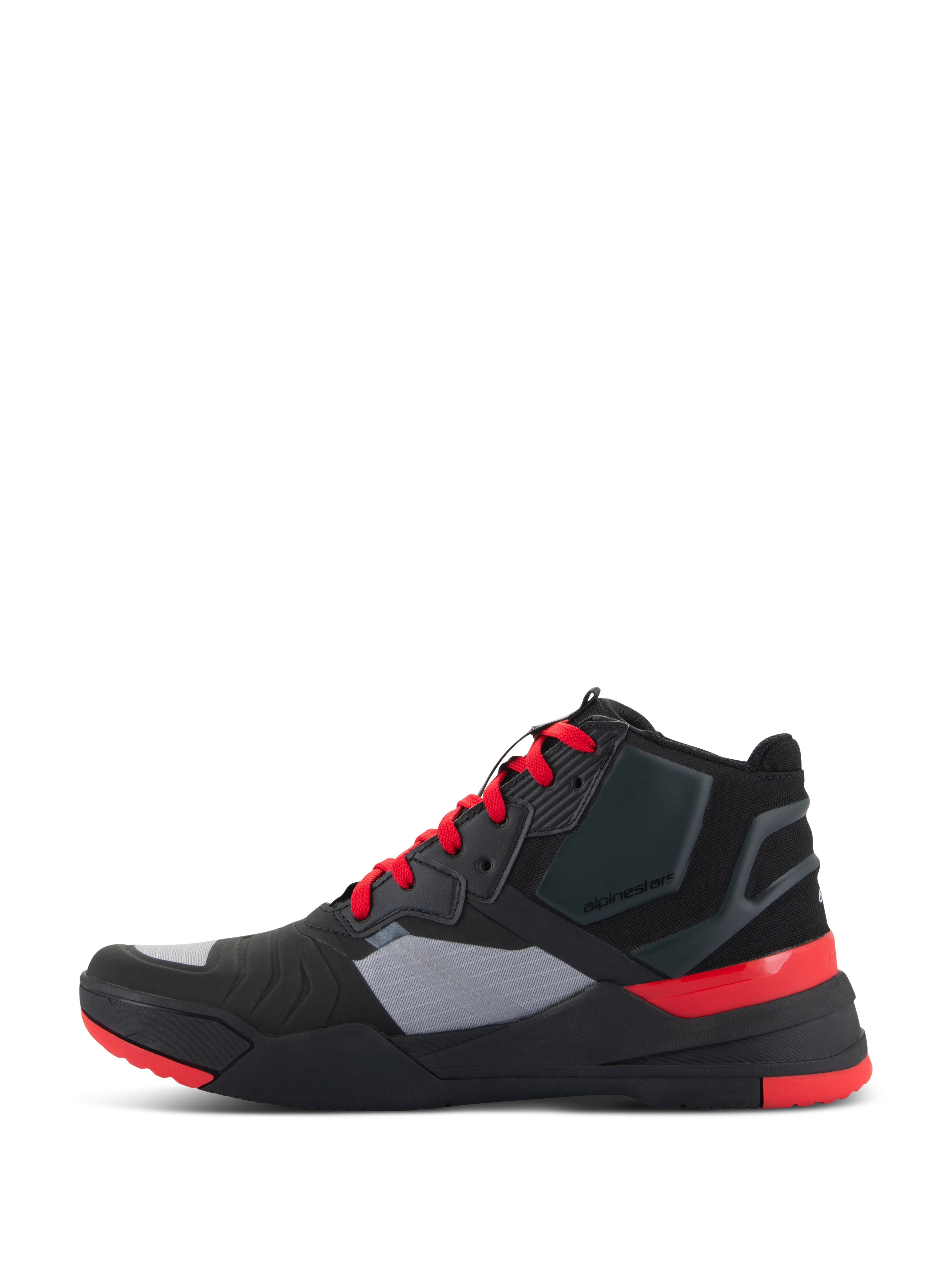 Scarpe Alpinestars Speedflight, scarpa tecnica da moto, nero con dettagli rosso brillante e grigio, vista laterale, con tomaia in tessuto ripstop, lacci rosso brillante e contrafforte protettivo sul tallone, calzatura da moto in stile sneaker sportiva per il pendolarismo urbano