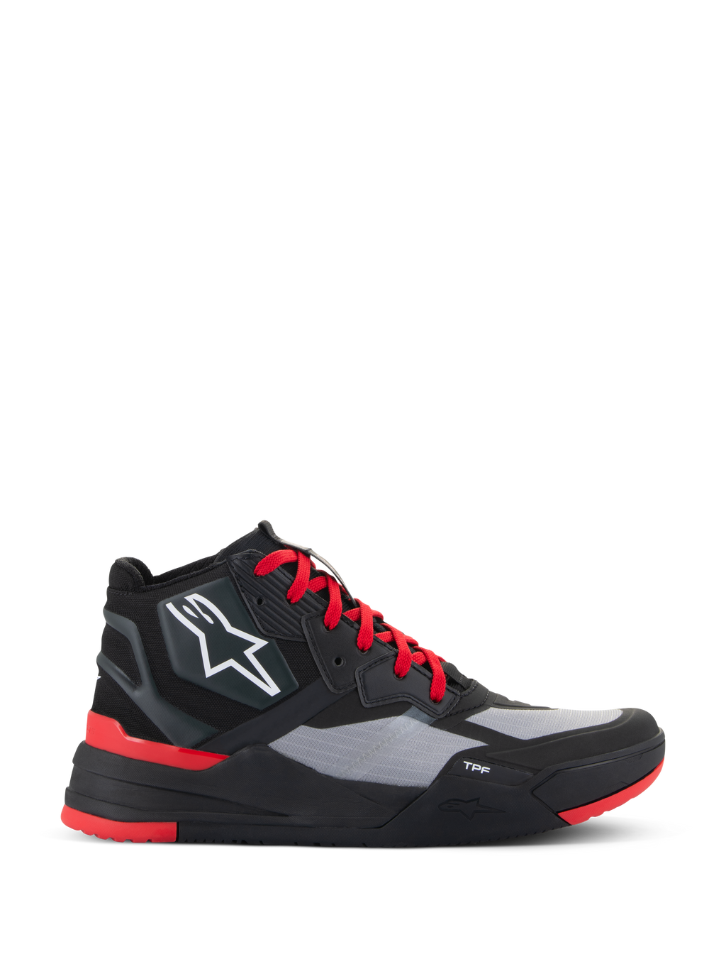 Alpinestars Speedflight Shoes, scarpe da moto alte, nero e rosso vivace con pannelli grigi, logo a stella bianco, lacci rossi e design sportivo urbano con intersuola TPF