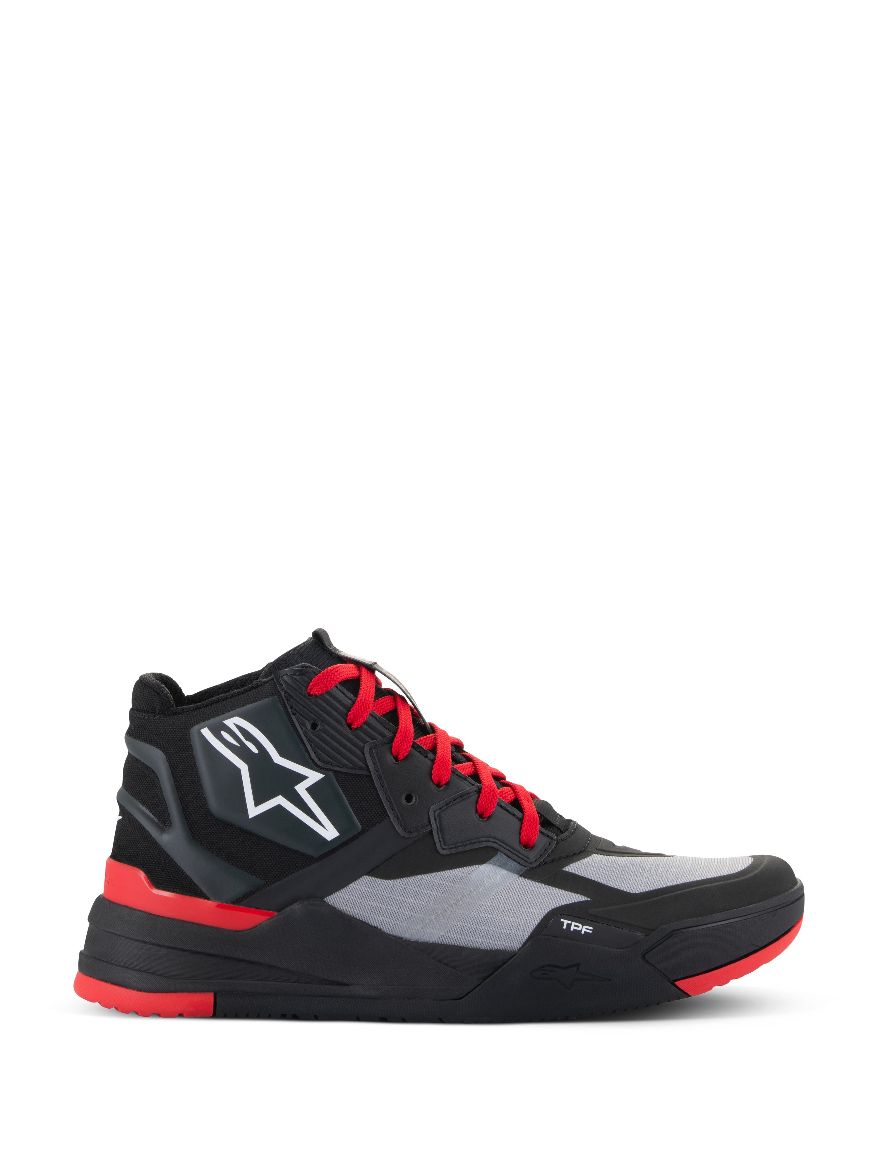 Alpinestars Speedflight Shoes, scarpe da moto alte, nero e rosso vivace con pannelli grigi, logo a stella bianco, lacci rossi e design sportivo urbano con intersuola TPF