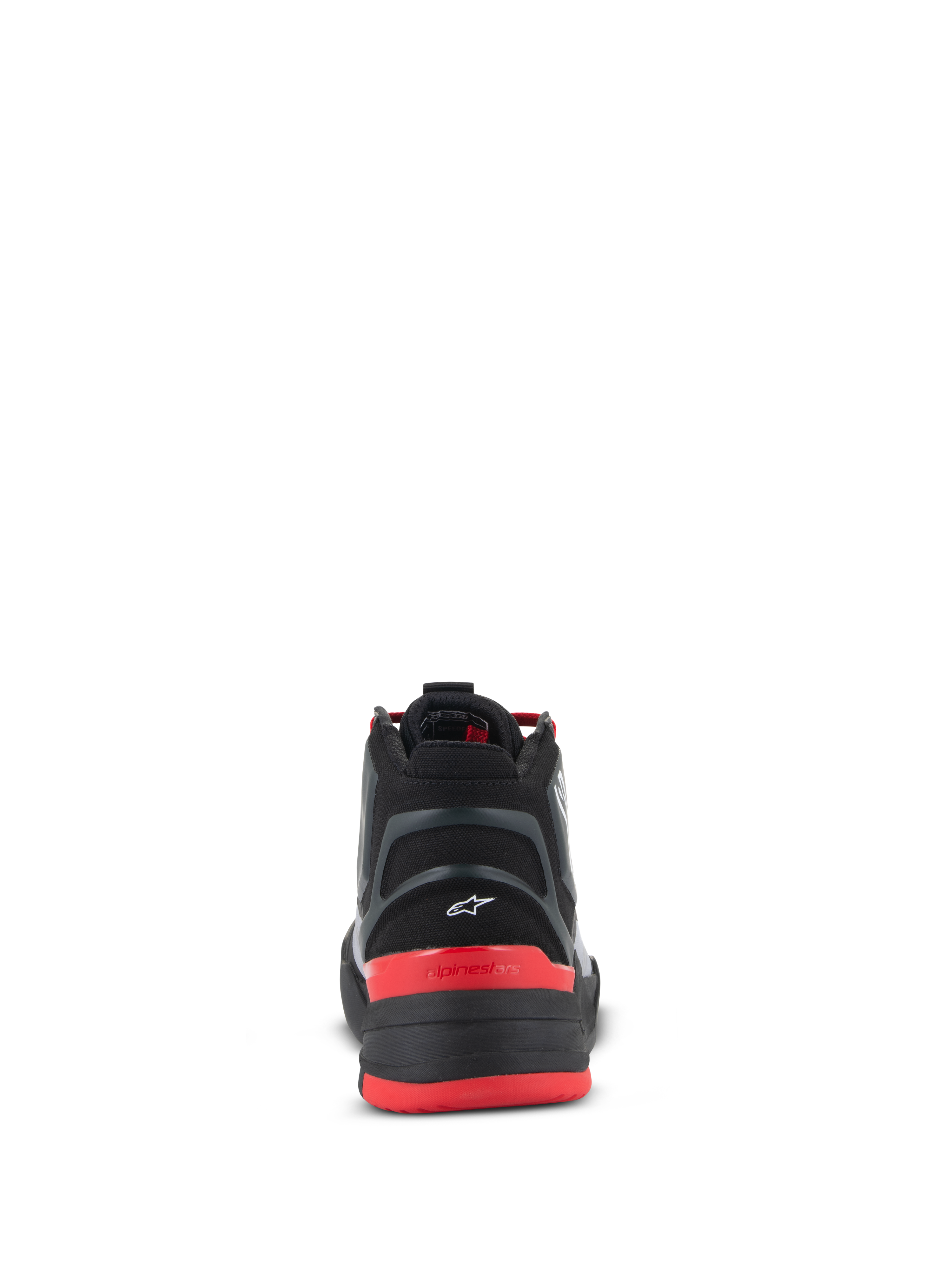 Scarpe Alpinestars Speedflight, scarpe da moto performance, nero, rosso vivace e bianco, vista posteriore che mostra il tallone modellato con piccolo logo Astar bianco, contrafforte del tallone rosso con scritta Alpinestars e tomaia in ripstop ad alte prestazioni.