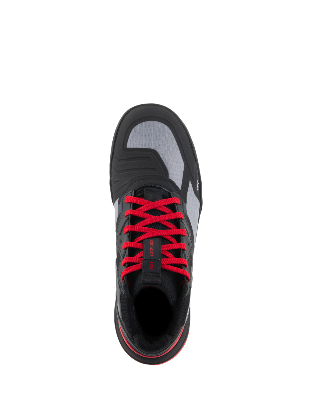 Scarpe Alpinestars Speedflight, scarpe da moto ad alte prestazioni, nero, rosso brillante e bianco, vista dall'alto con vivaci lacci rossi, pannelli della tomaia in ripstop grigio e protezione cambio integrata, calzature moto urbane.