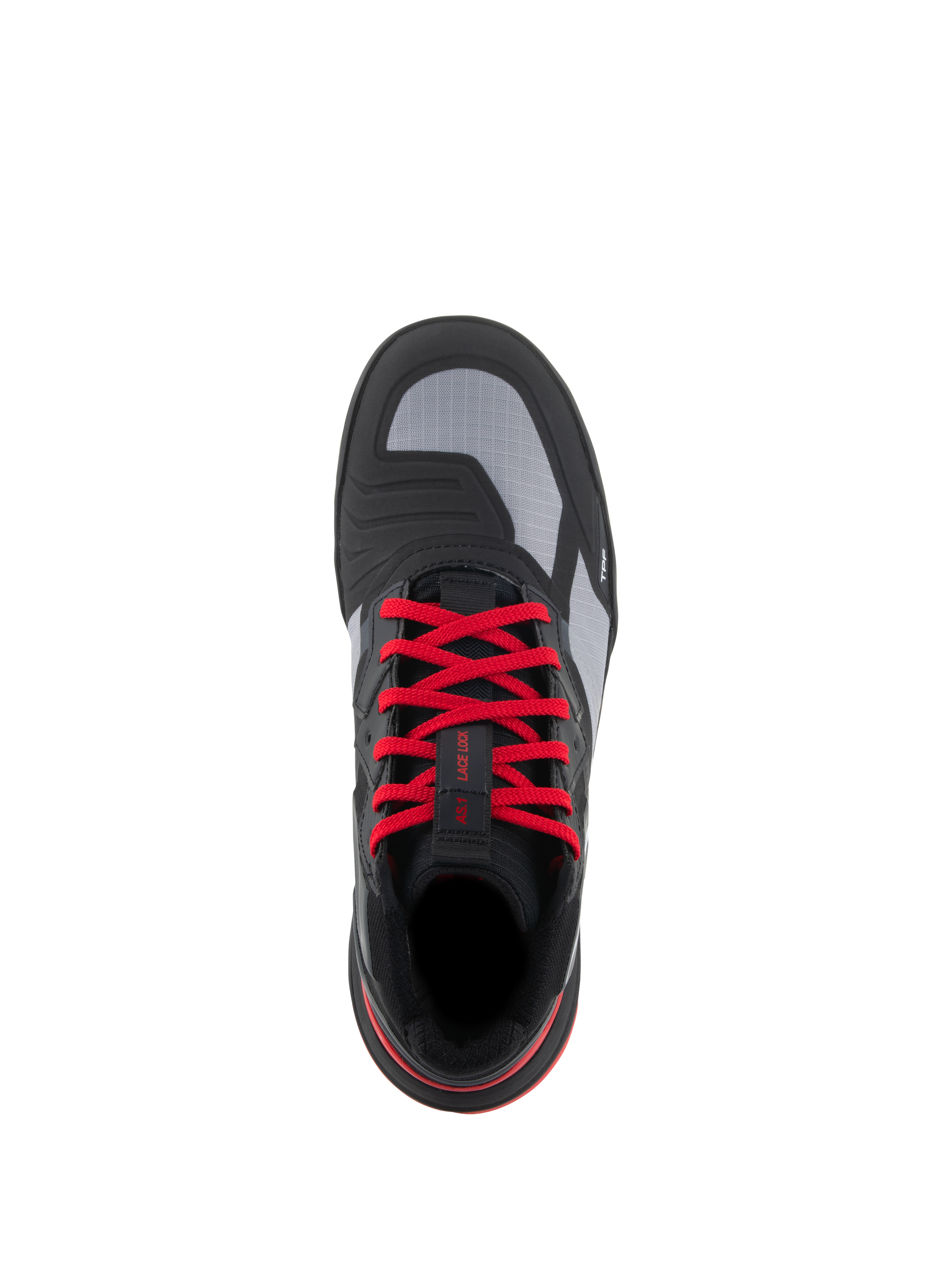 Scarpe Alpinestars Speedflight, scarpe da moto ad alte prestazioni, nero, rosso brillante e bianco, vista dall'alto con vivaci lacci rossi, pannelli della tomaia in ripstop grigio e protezione cambio integrata, calzature moto urbane.