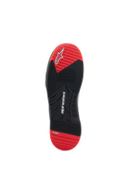 Scarpe Alpinestars Speedflight, scarpe da moto, vista della suola, nero e rosso acceso, con logo Alpinestars bianco e marchio TPF, suola in gomma a doppia densità con disegno del battistrada multidirezionale.