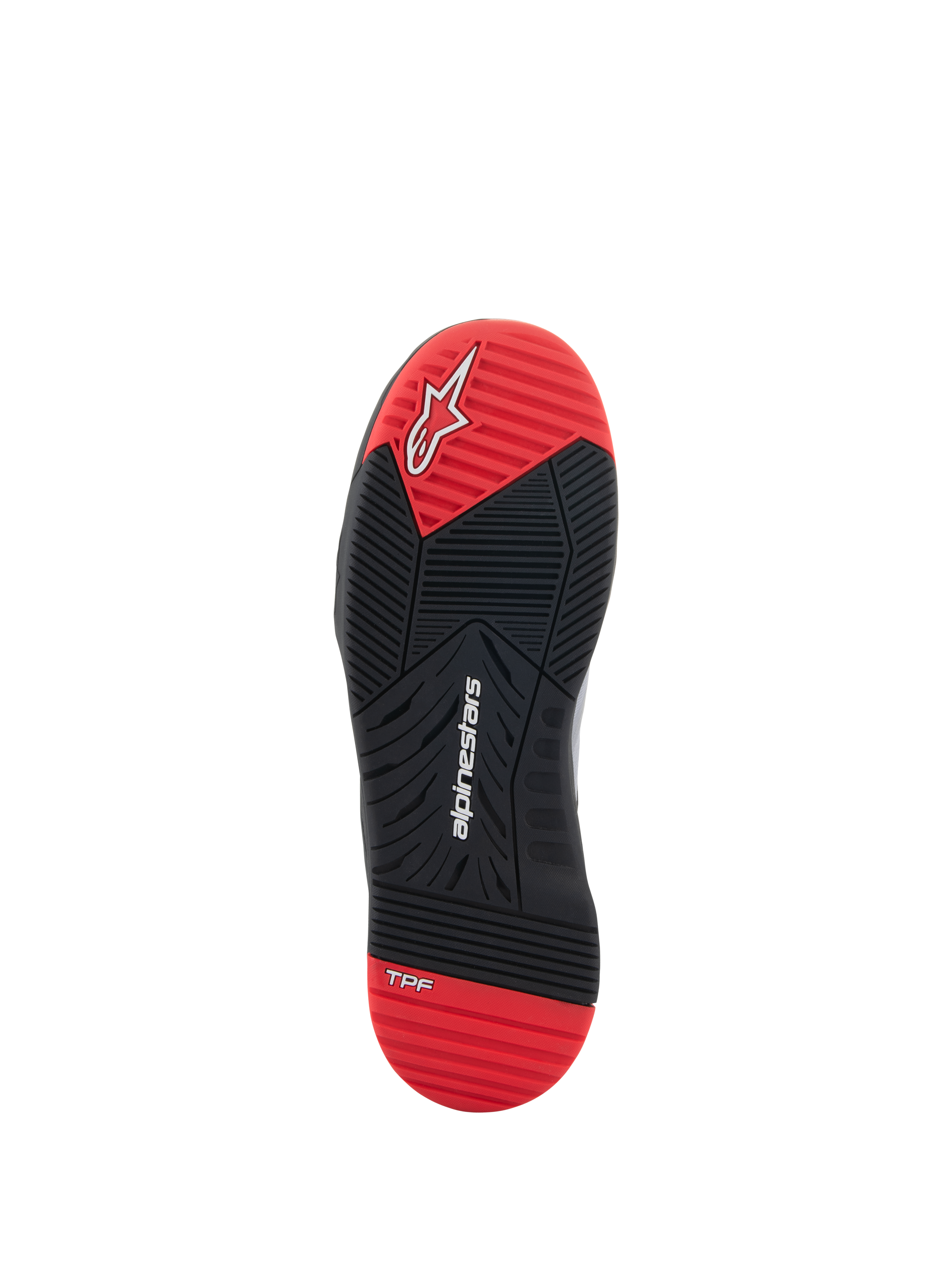 Scarpe Alpinestars Speedflight, scarpe da moto, vista della suola, nero e rosso acceso, con logo Alpinestars bianco e marchio TPF, suola in gomma a doppia densità con disegno del battistrada multidirezionale.