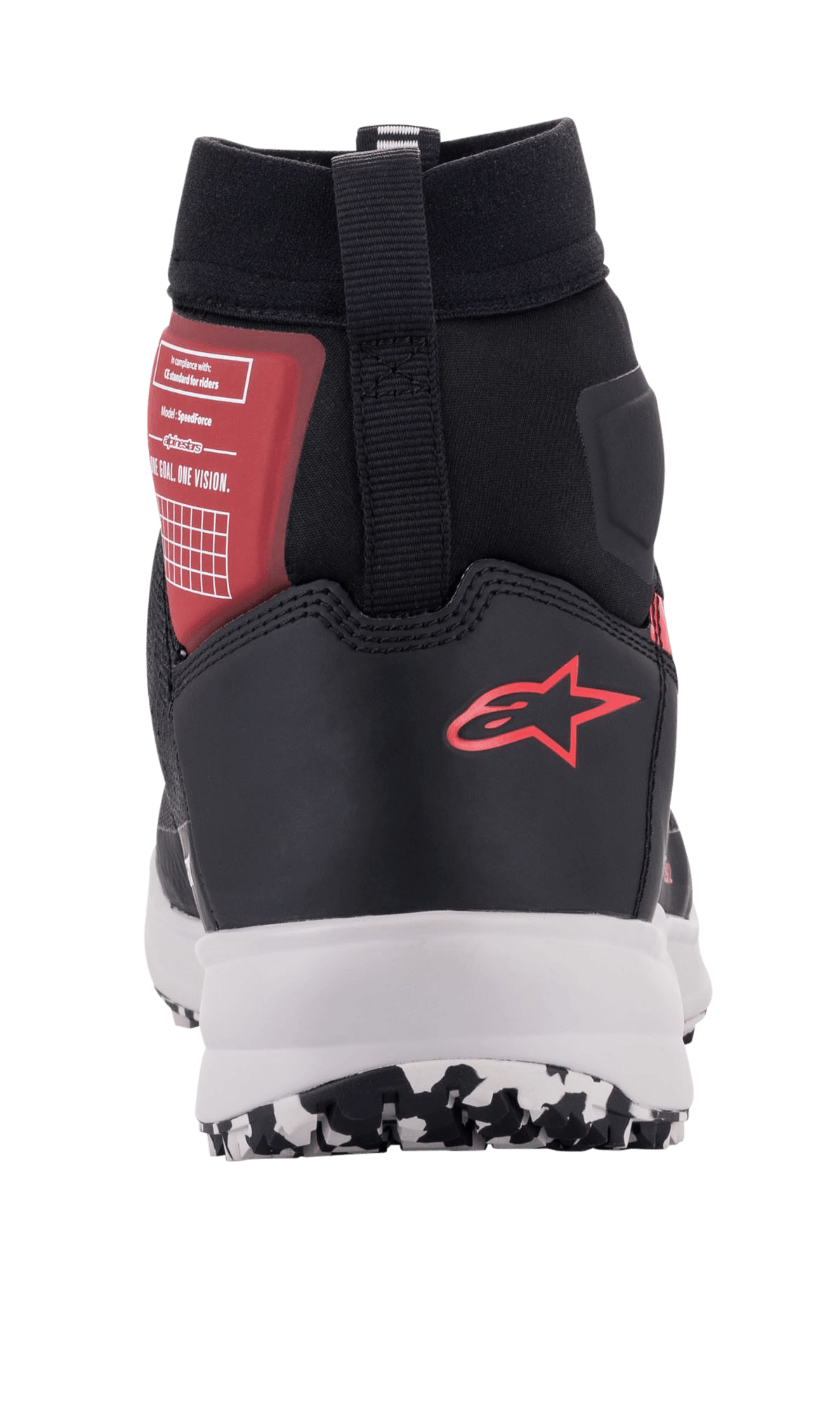 Scarpe Alpinestars Speedforce, scarpe da moto urbane in nero, bianco e rosso, vista posteriore con logo Alpinestars rosso sul tallone, intersuola bianca e supporto per la caviglia a taglio alto.