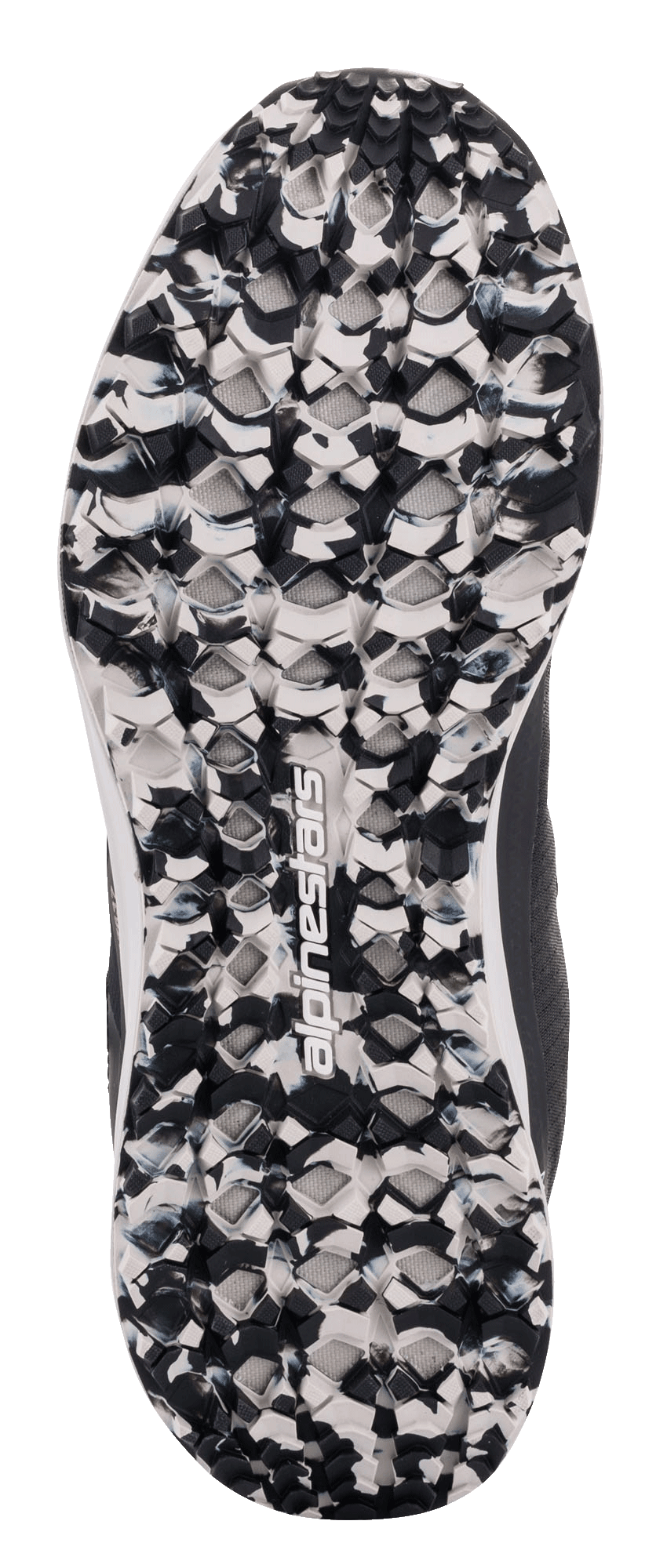 Scarpe Alpinestars Speedforce, dettaglio della suola, bianco e nero marmorizzato, motivo del battistrada testurizzato con logo Alpinestars centrale, scarpa da moto casual progettata per aderenza e comfort