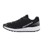 Scarpe Alpinestars Meta Road V2, scarpe sportive, nero e bianco, tomaia in mesh traspirante con nervature testurizzate diagonali, spessa intersuola bianca, logo Alpinestars bianco sul lato, dettagli a strisce bianche sul tallone, design atletico per l'uso quotidiano e abbigliamento da lavoro per team di gara