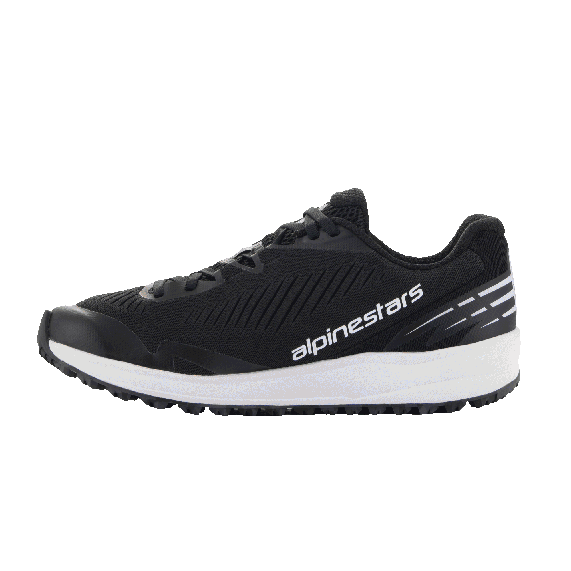 Scarpe Alpinestars Meta Road V2, scarpe sportive, nero e bianco, tomaia in mesh traspirante con nervature testurizzate diagonali, spessa intersuola bianca, logo Alpinestars bianco sul lato, dettagli a strisce bianche sul tallone, design atletico per l'uso quotidiano e abbigliamento da lavoro per team di gara