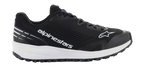 Scarpe Alpinestars Meta Road V2, calzatura sportiva nera con spessa suola bianca, marchio Alpinestars e logo a stella bianchi, tomaia in mesh testurizzato, lacci neri e suola esterna con grip robusto, design sportivo leggero per abbigliamento da lavoro del team di gara e uso casual