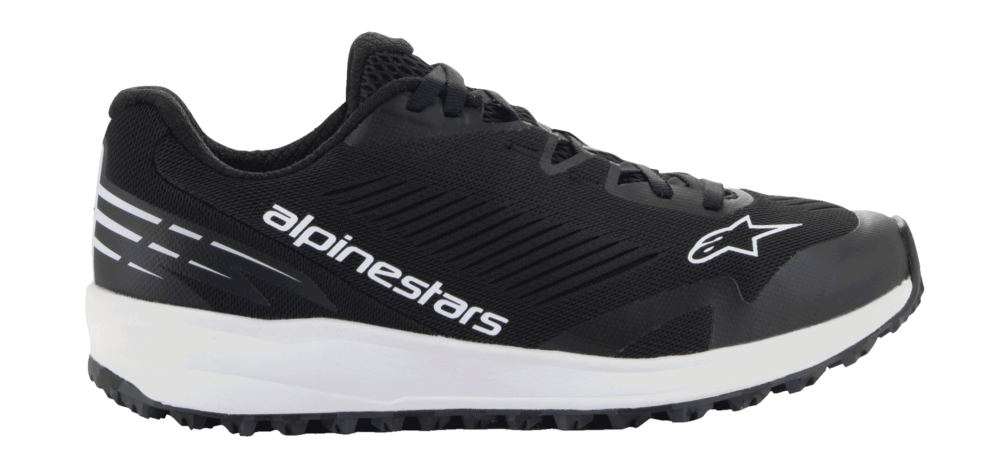 Scarpe Alpinestars Meta Road V2, calzatura sportiva nera con spessa suola bianca, marchio Alpinestars e logo a stella bianchi, tomaia in mesh testurizzato, lacci neri e suola esterna con grip robusto, design sportivo leggero per abbigliamento da lavoro del team di gara e uso casual