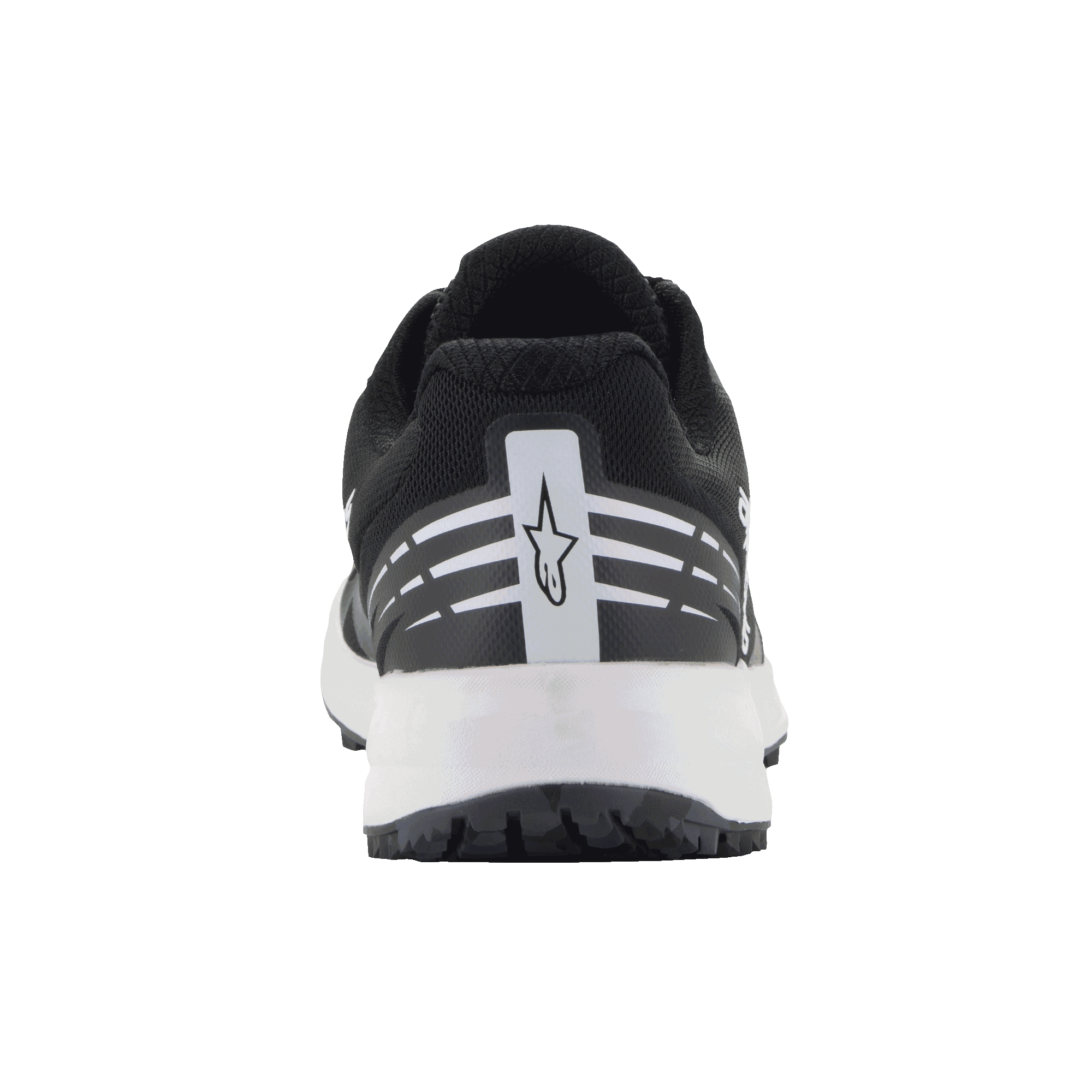 Scarpe Alpinestars Meta Road V2, scarpe sportswear, nero e bianco, vista posteriore con logo a stella Alpinestars bianco e strisce orizzontali sul tallone, intersuola bianca, design leggero e traspirante per abbigliamento da lavoro del team di gara